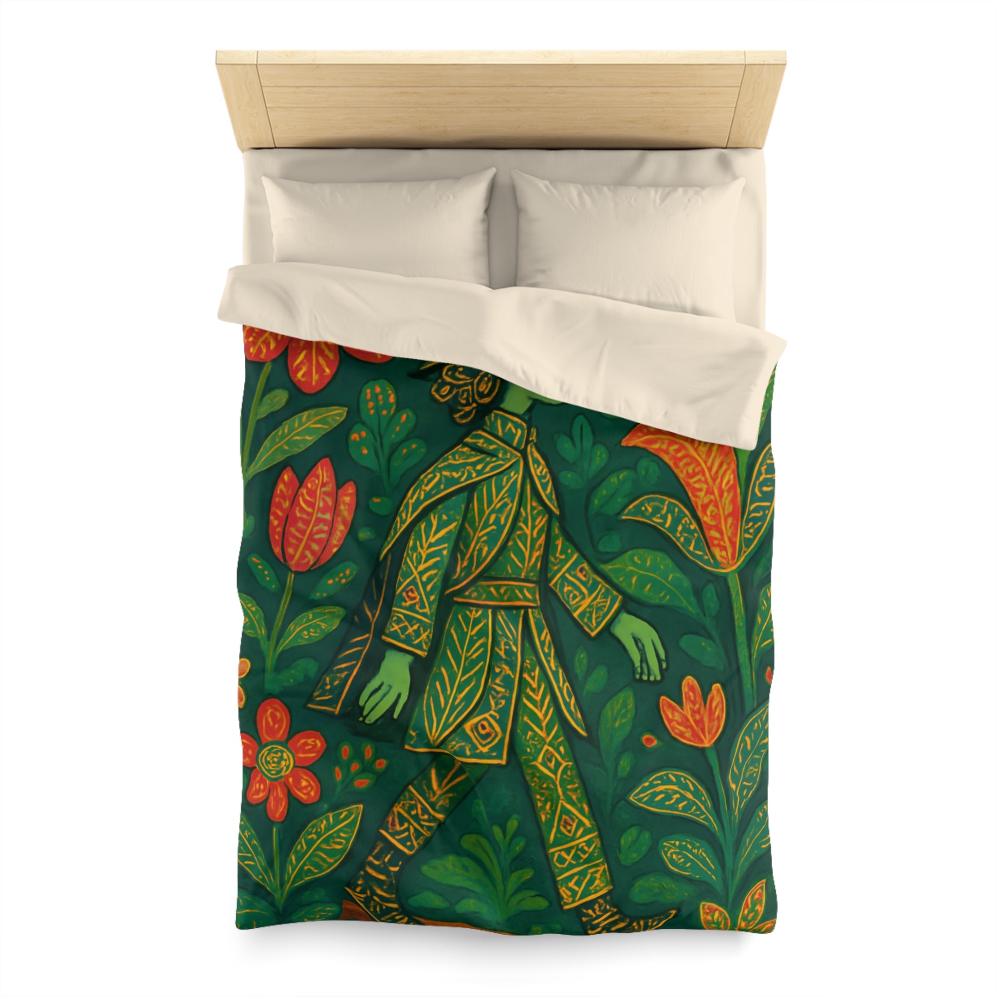 Housse de couette vibrante avec motif botanique et personnage en marche serein