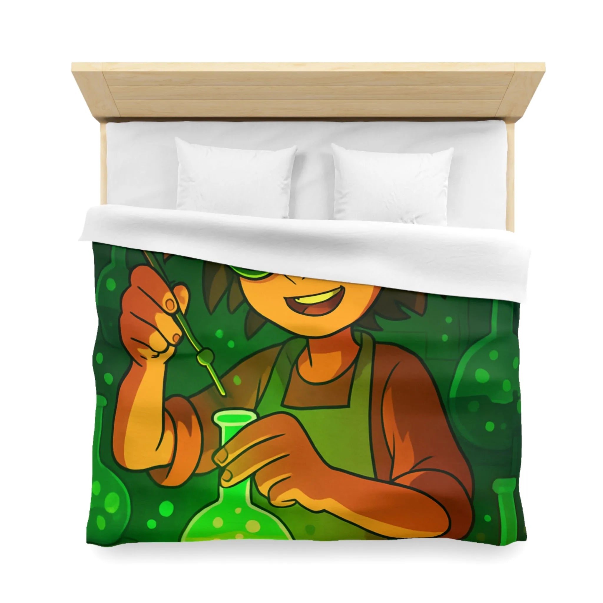 Housse de couette colorée avec un jeune chimiste dans un laboratoire mystérieux et magique