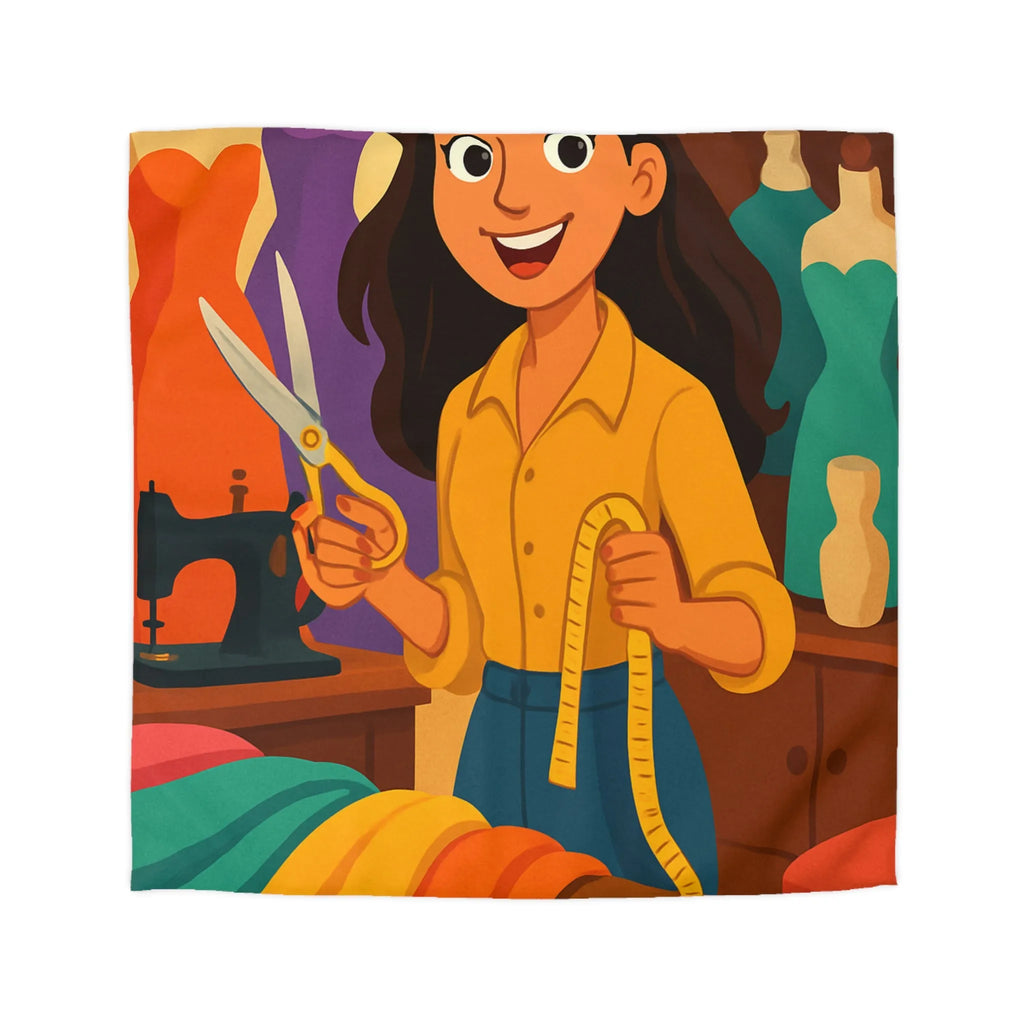 Housse de couette colorée avec motifs de couturière, outils et mannequins élégants