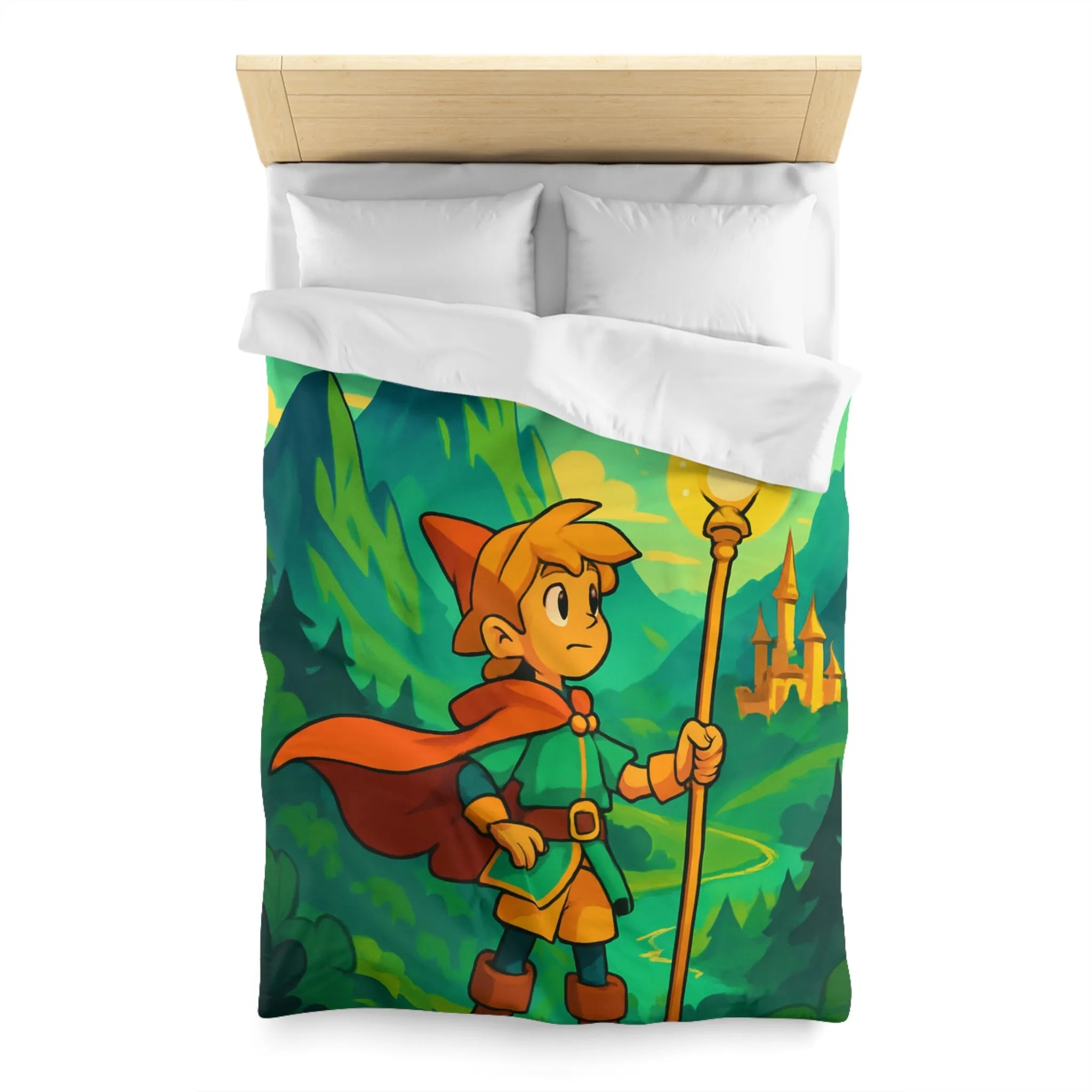 Housse de couette enfant avec illustration magique d'un explorateur et créatures mystiques