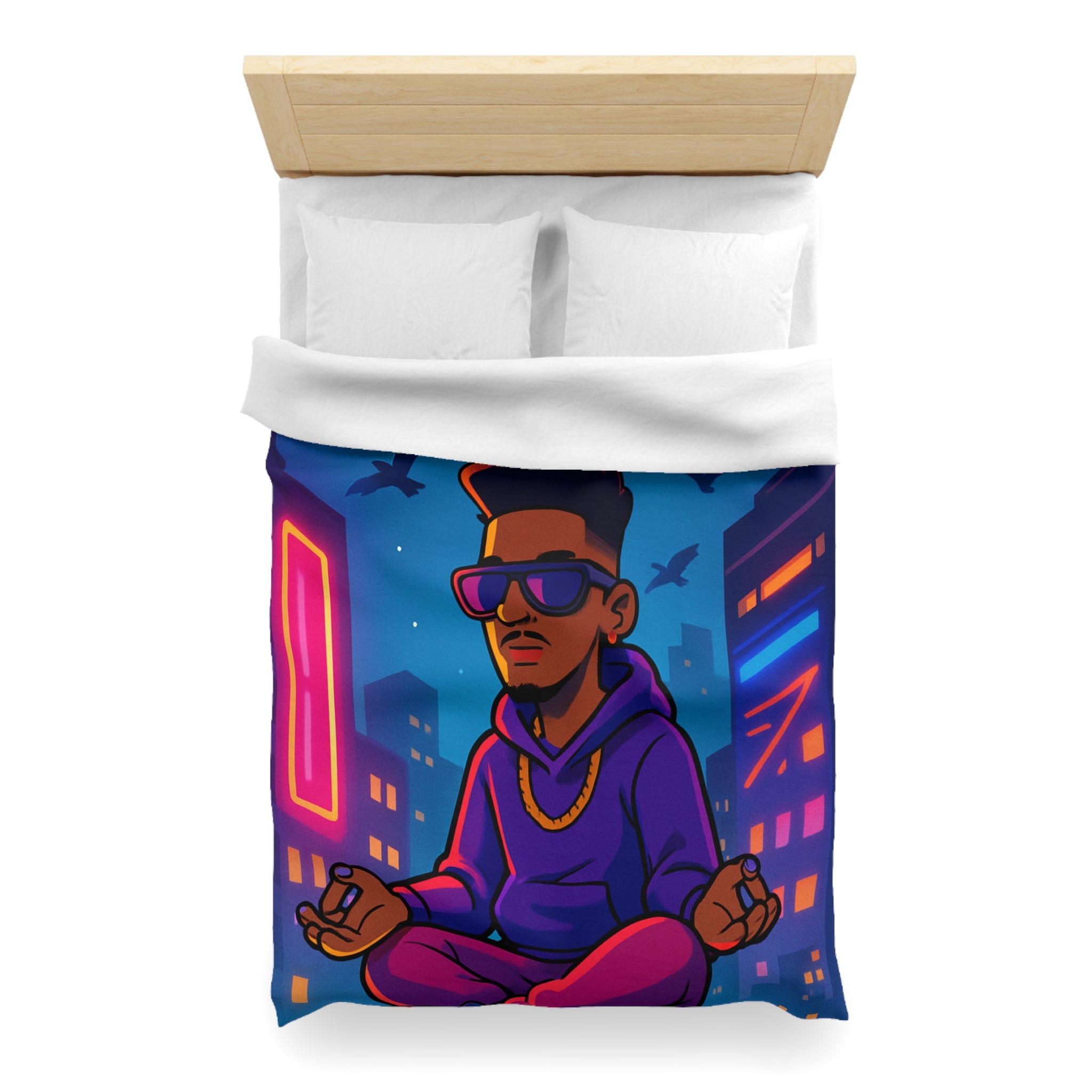 Housse de Couette Représentant Jeune Méditant Sur Toit en Ville, Pleine Lune Derrière