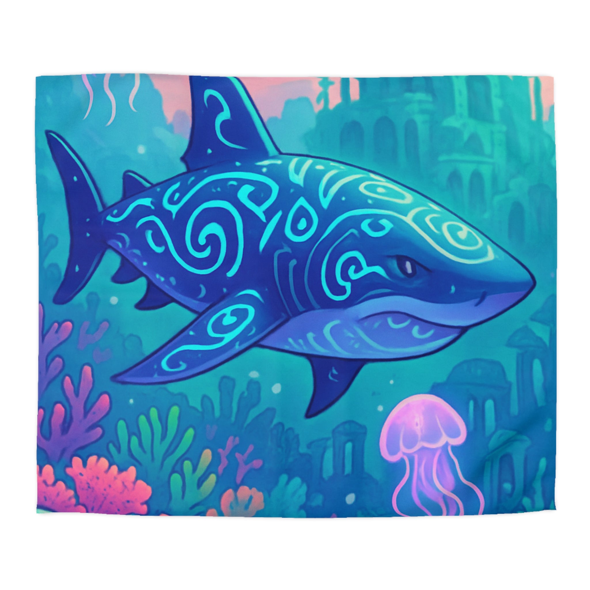 Housse de couette océan fantastique avec requin luminescent et méduses colorées