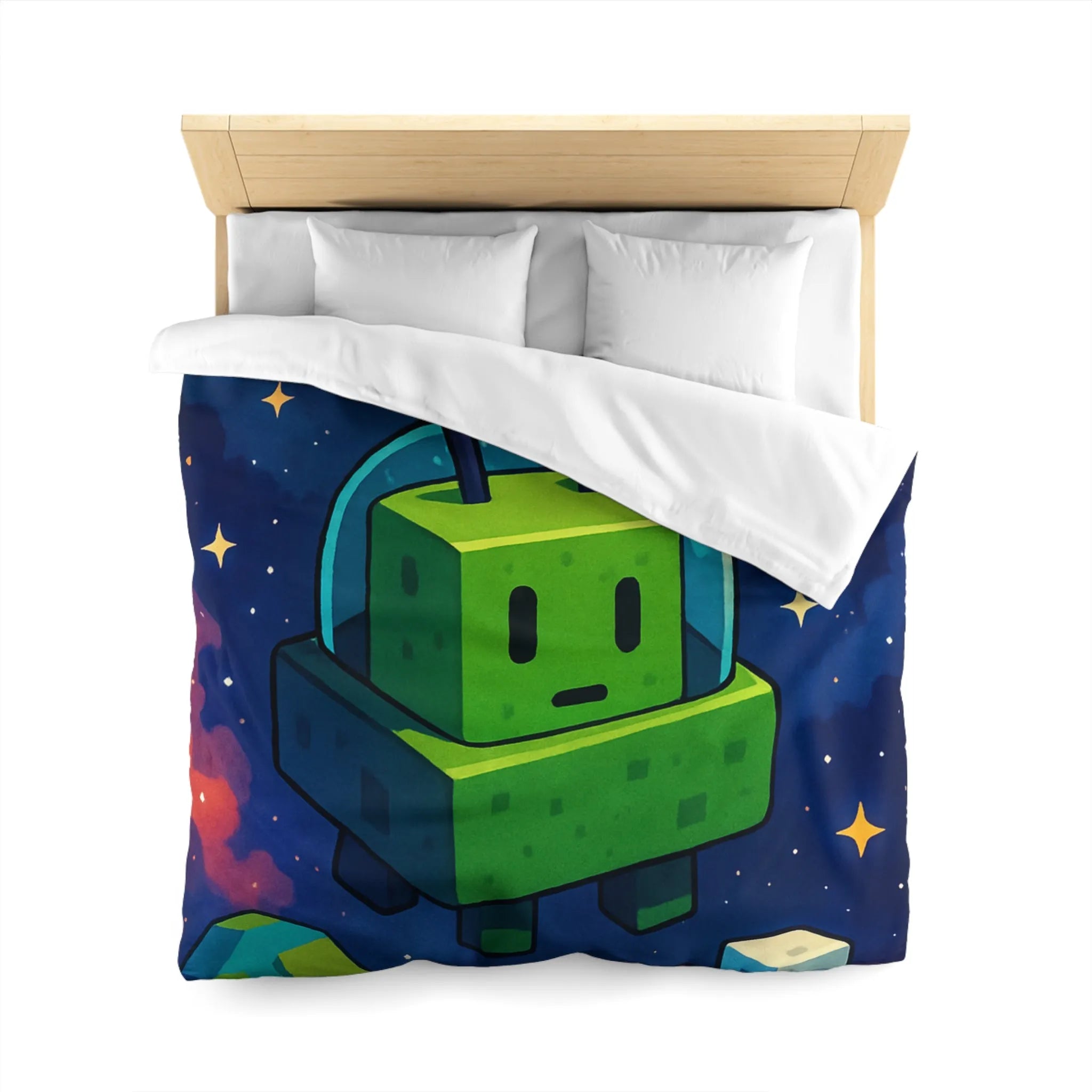 Housse de Couette Cosmos mignon extraterrestre vert cubique et planètes pixelisées