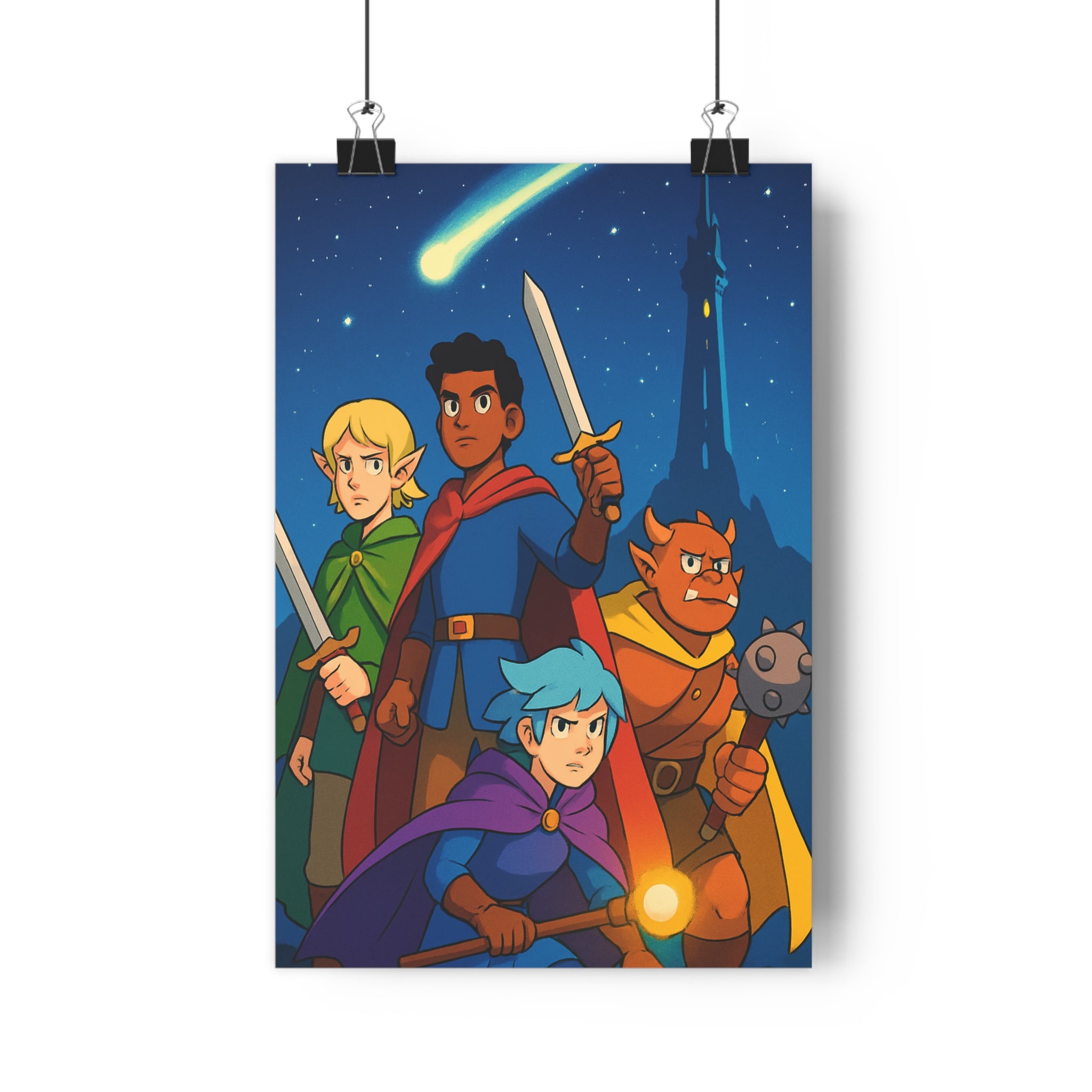 Poster décoratif anime vert bleu mystique aventure fantastique chambre salon magique étoiles tour élfe