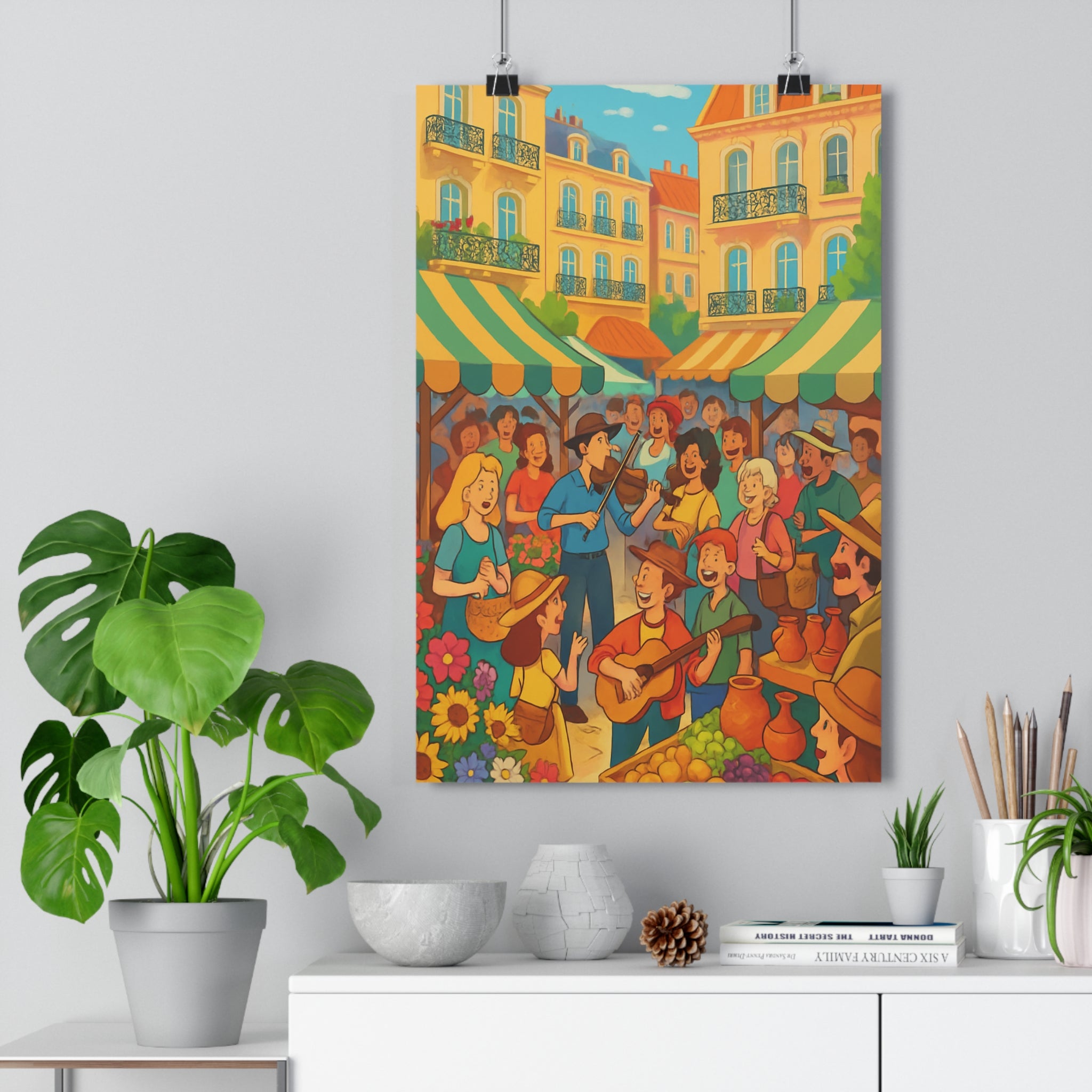 Poster décoratif ville joyeux coloré cartoon pastel bleu marché salon chambre artistique ambiance qualité