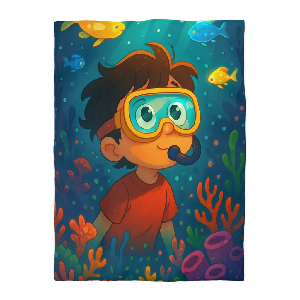Housse de couette enfantine avec motif sous-marin coloré poisson et garçon plongeur dessiné