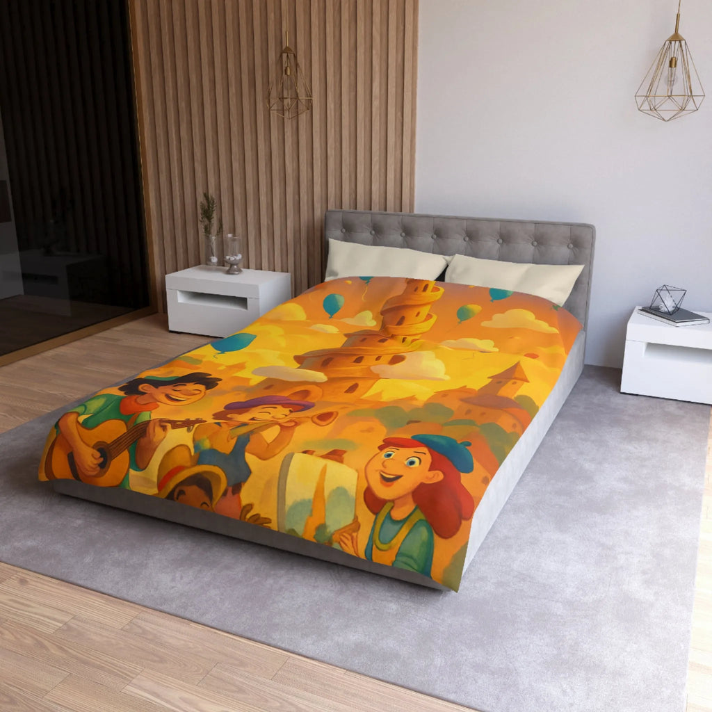 Housse de couette colorée imprimée d'une scène joyeuse avec tours et ballons pastel
