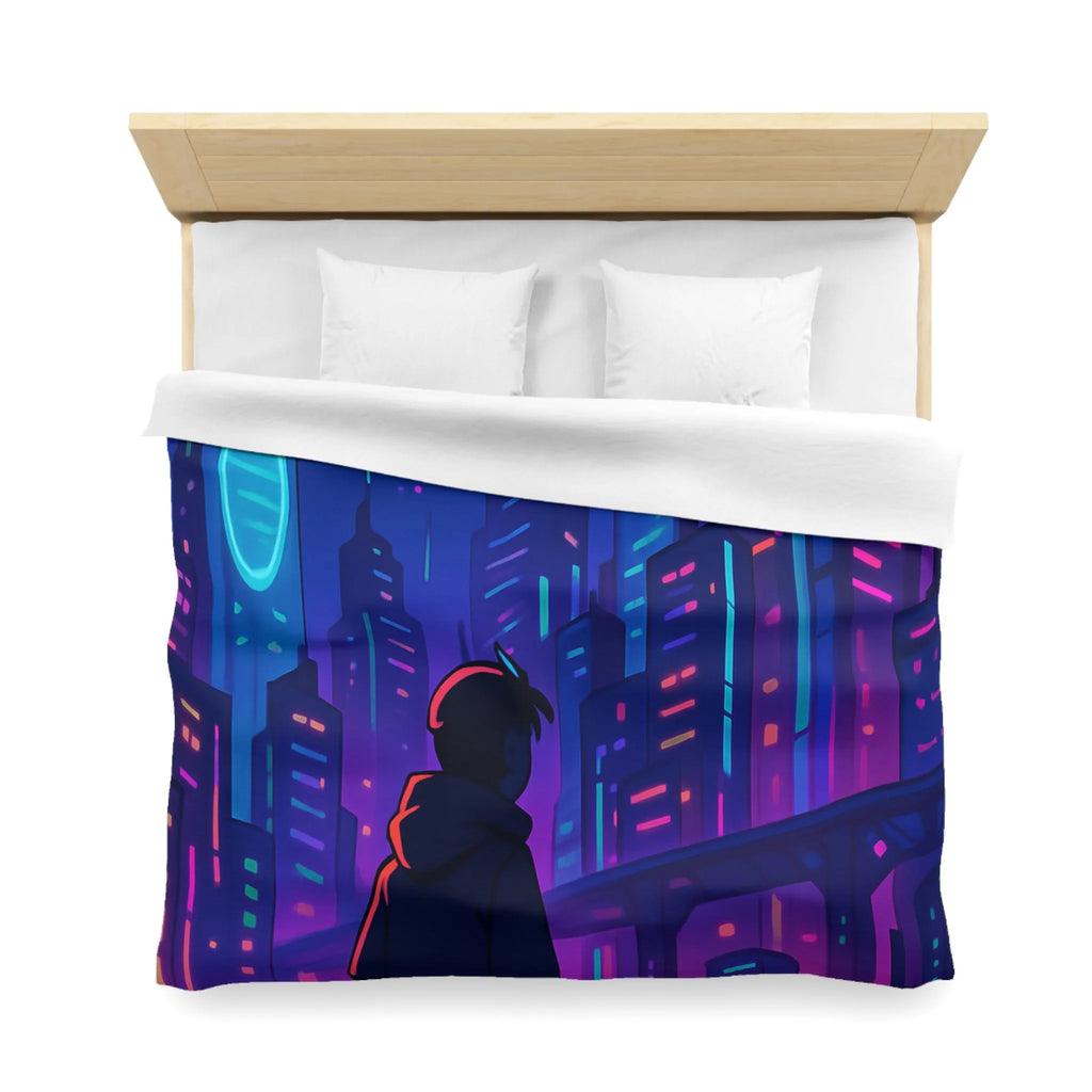 Housse de couette futuriste avec skyline néon vibrant et silhouette étoilée