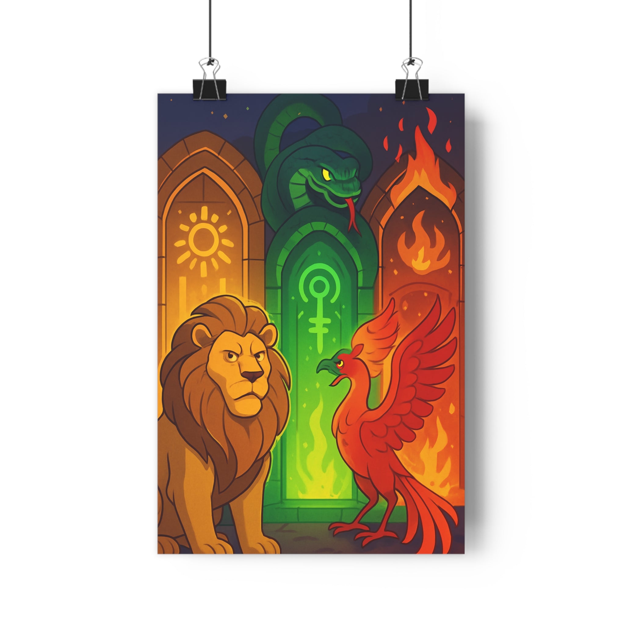 Poster décoratif créatures mythologiques jaune vert rouge cartoon fantastique magique chambre bureau 30x46 cm