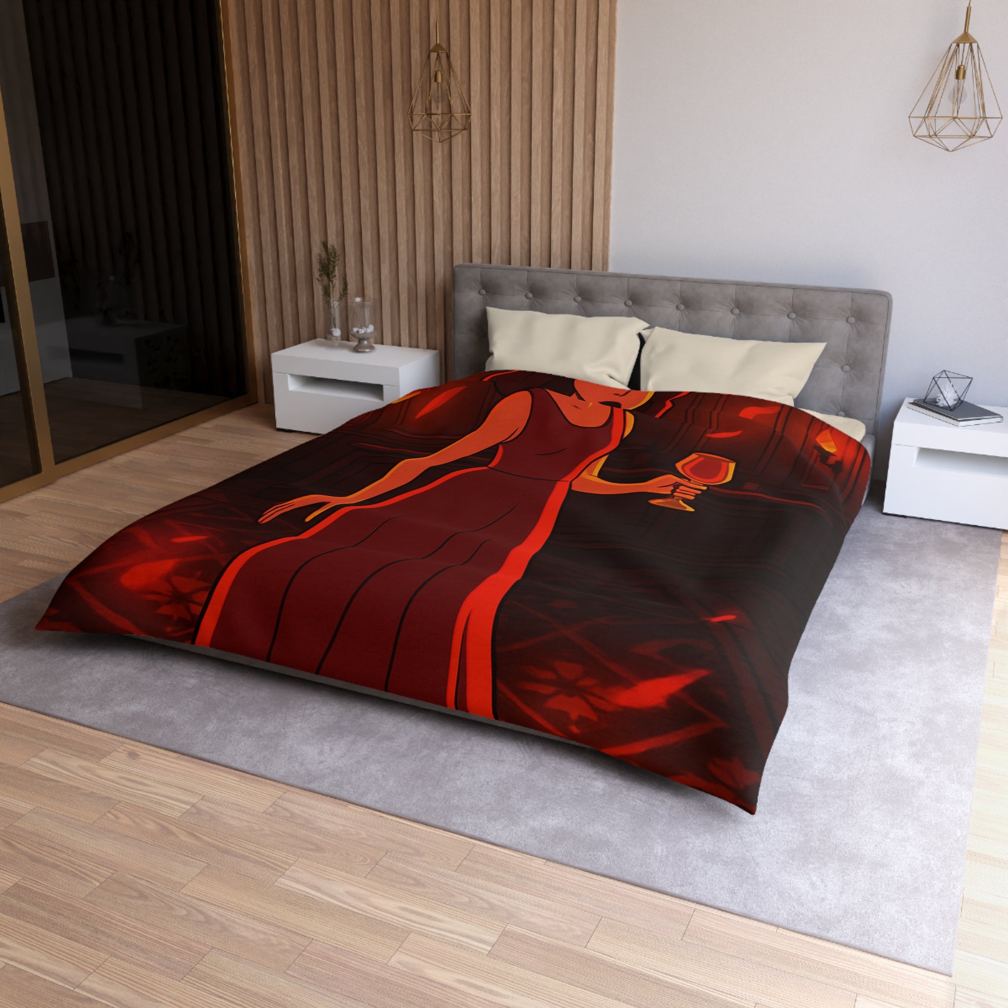 Housse de couette rouge élégante avec motif femme et reflets lumineux mystérieux