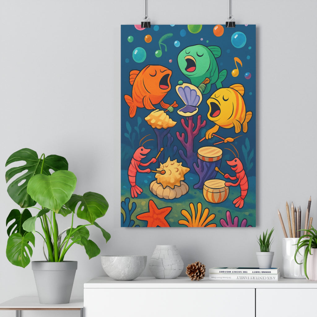 Poster décoratif océan bleu orange vert cartoon joyeux chambre enfant musique poissons coraux étoiles