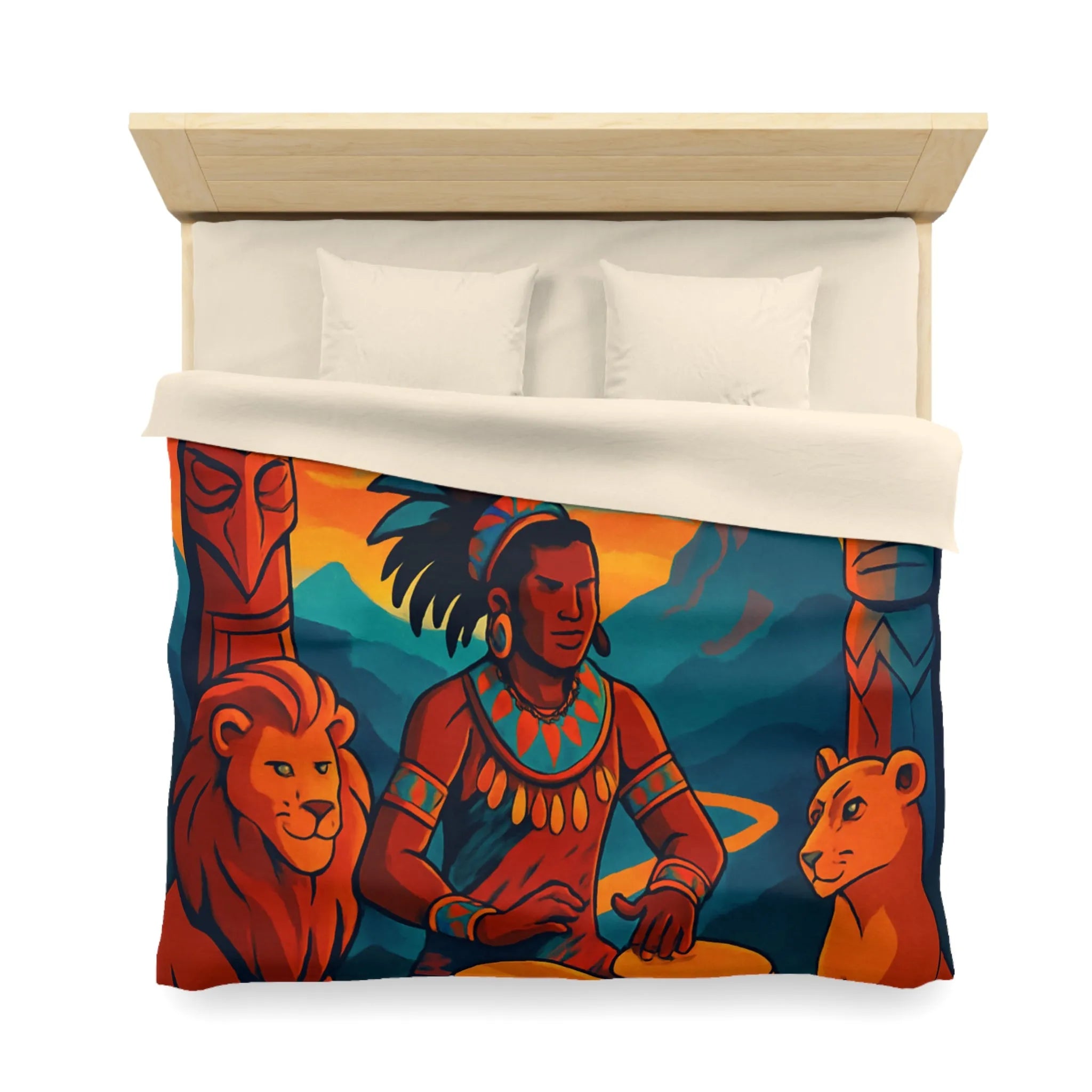 Housse de couette exotique avec musicien, tambours et totems en ambiance chaleureuse