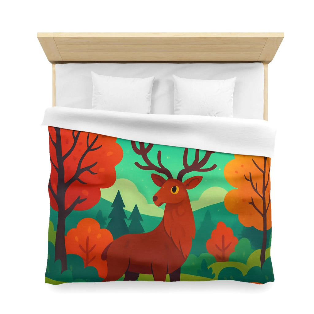 Housse de Couette Illustrée : Cerf Enchanté et Aurore Boréale dans Forêt Féérique