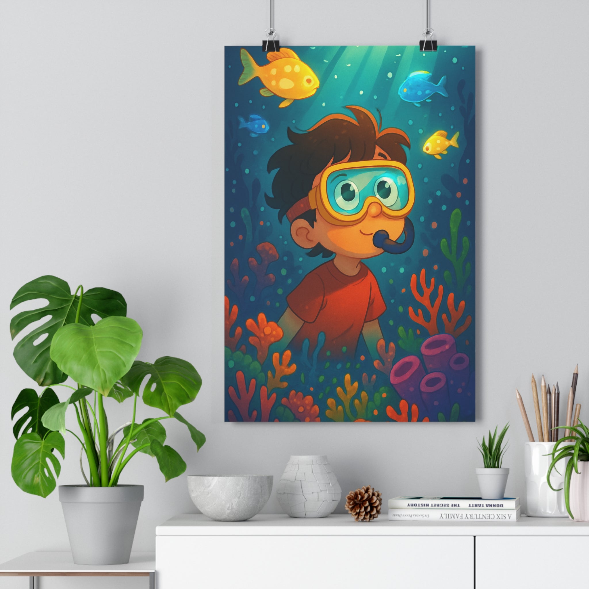 Poster décoratif cartoon bleu orange enfant chambre aventure plongeur poissons coraux apaisante vive 30x46