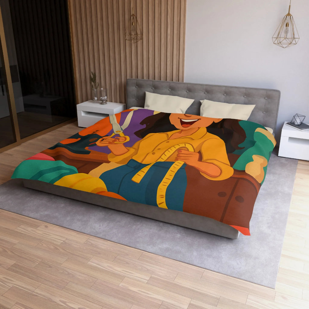 Housse de couette colorée avec motifs de couturière, outils et mannequins élégants