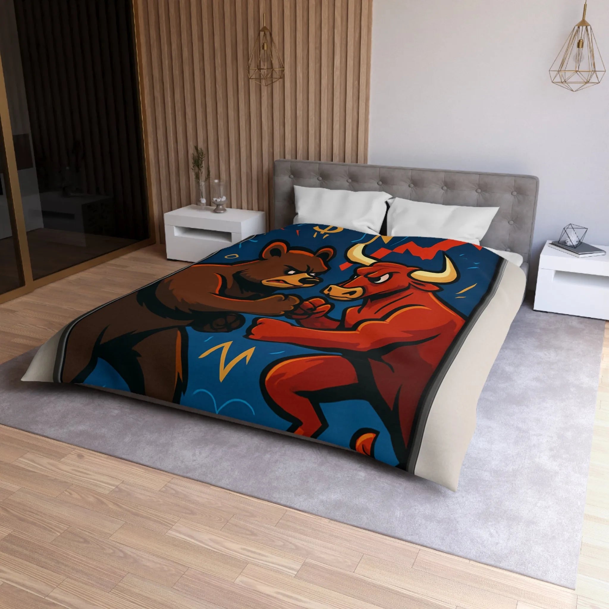 Housse de couette avec motif taureau et ours symbolisant les tendances du marché boursier