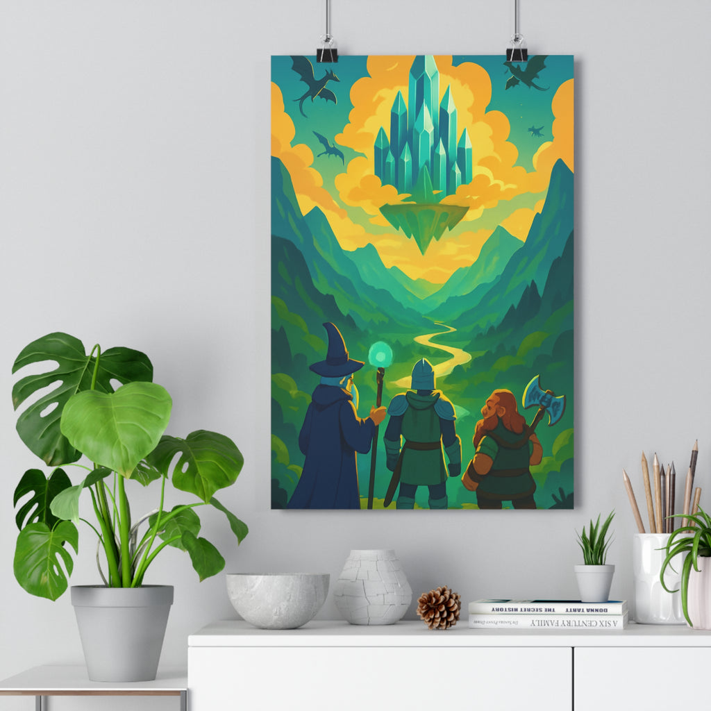Poster décoratif fantastique magique dessin animé vert bleu aventure chambre enfant épique dragons montagnes