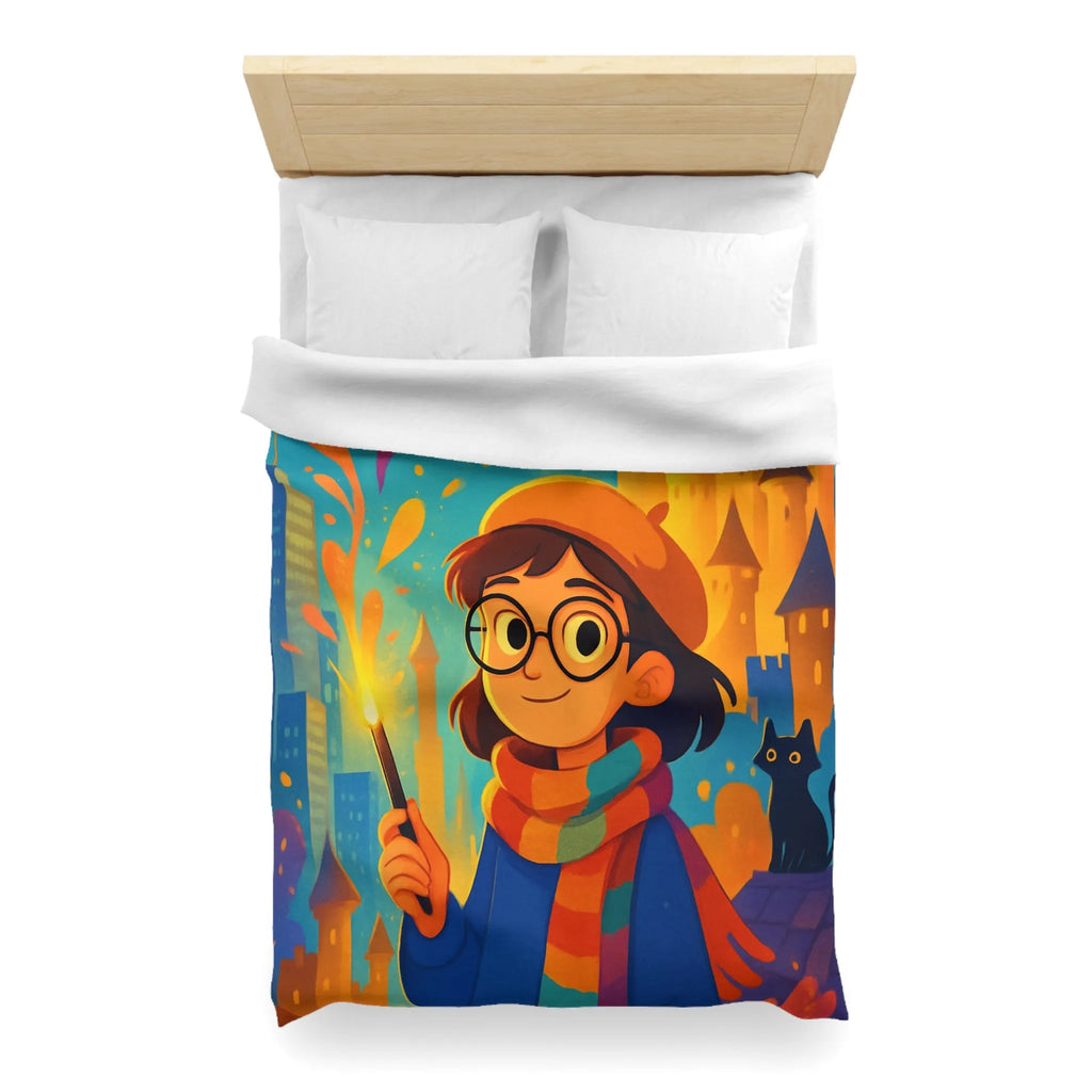 Housse de Couette Éclatante: Jeune Magicienne aux Couleurs Vives et Château Mystérieux