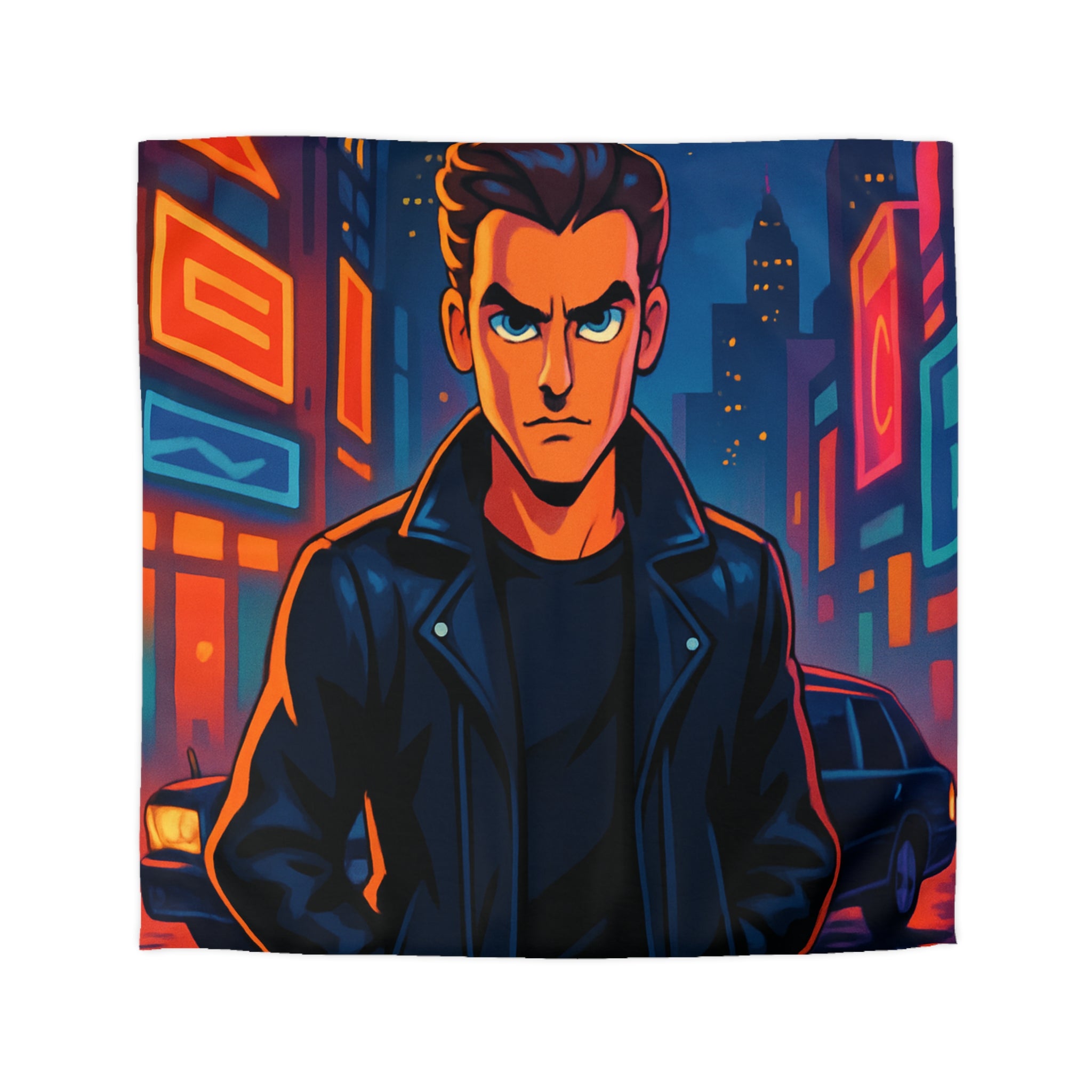 Housse de couette style rétro avec personnage en ville lumineuse sous pleine lune