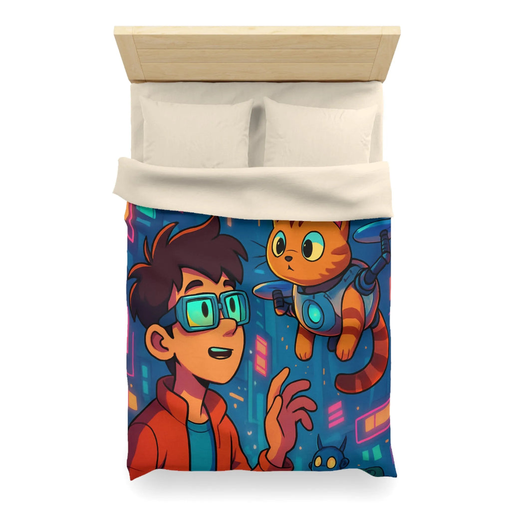 Housse de couette enfants style futuriste avec garçon et chat dans ville cyber
