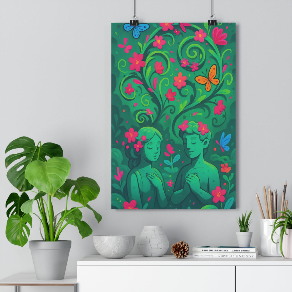 Poster décoratif jardin enchanté fantasy cartoon magique vert rose chambre enfant apaisant 30x46 cm