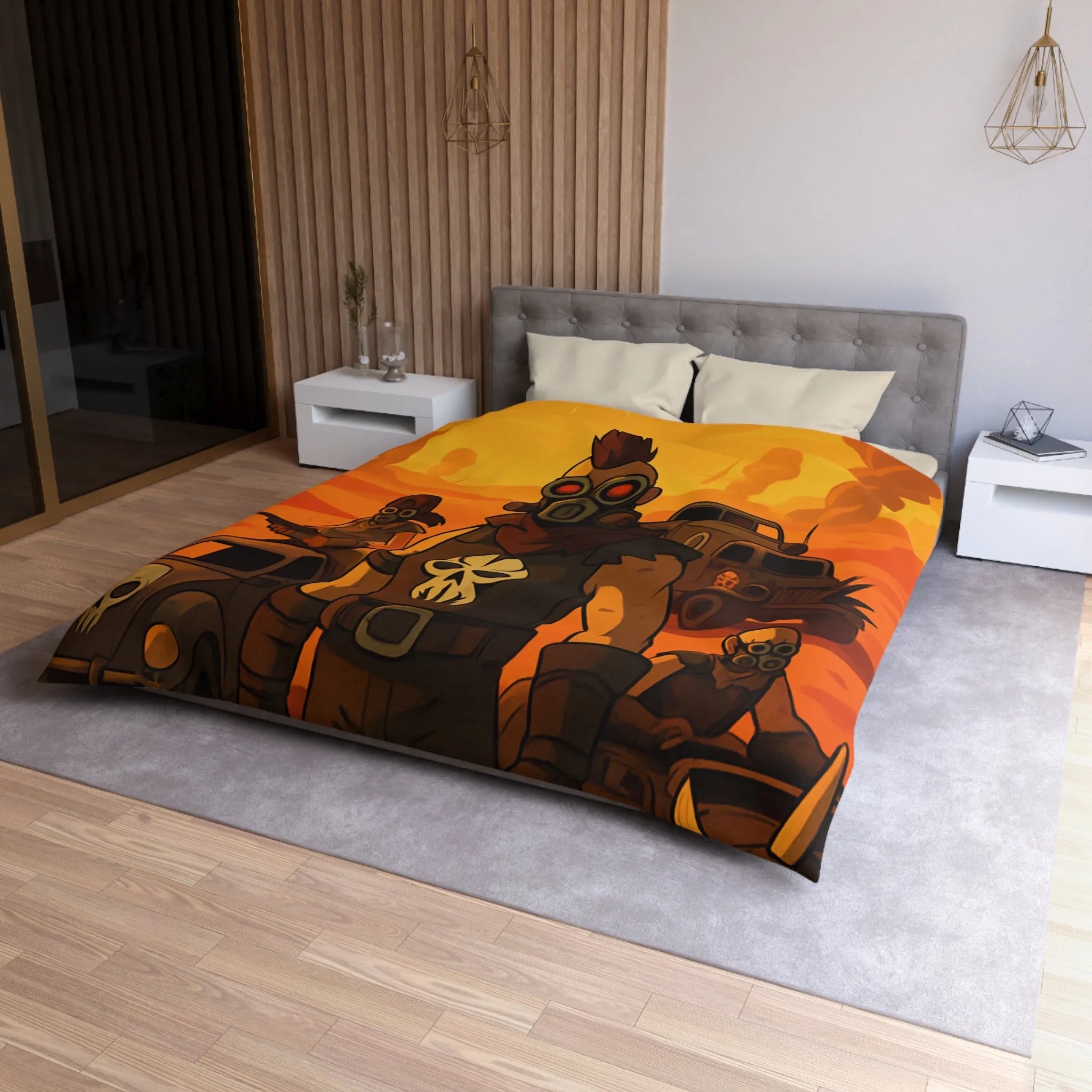 Housse de couette design post-apocalyptique avec guerriers masqués dans désert ensoleillé