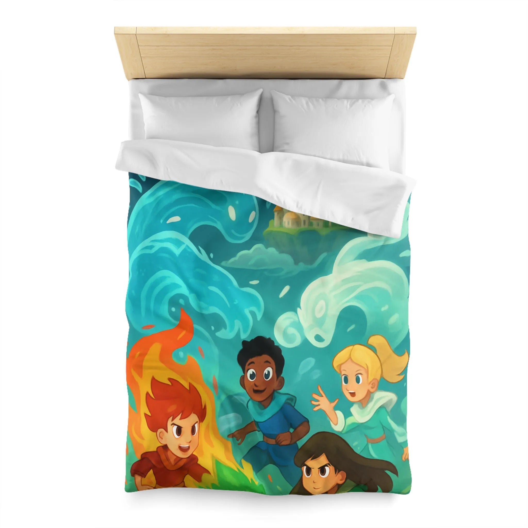 Housse de couette avec illustration de jeunes héros des éléments devant un château magique