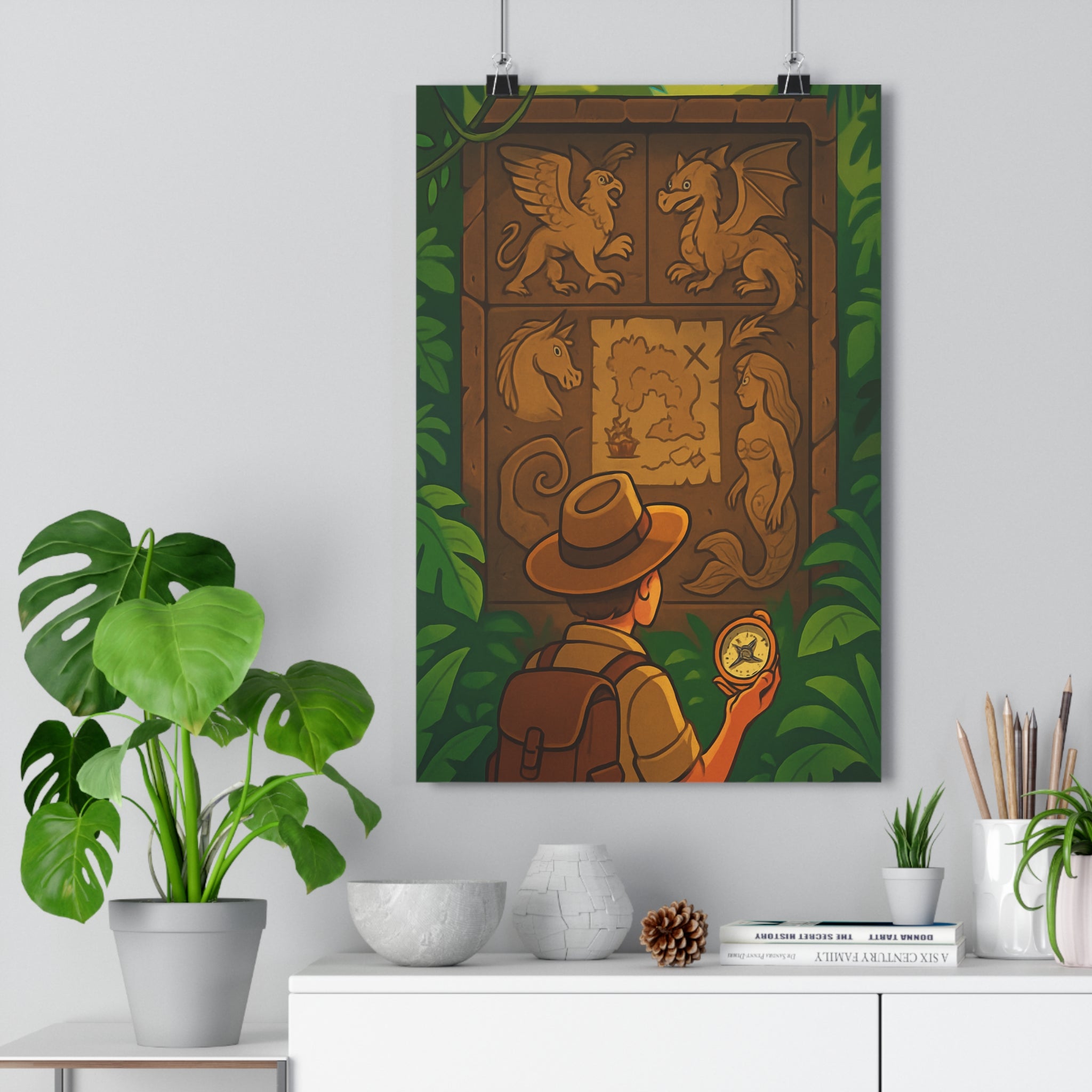 Poster décoratif aventure exploration mystérieux créatures mythiques coloré chaud mur chambre salon boussole vintage