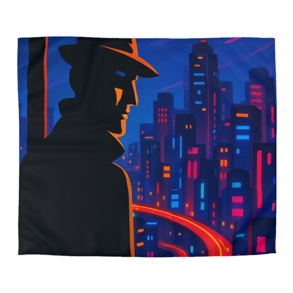 Housse de couette rétro mystérieuse avec silhouette urbaine nocturne et routes lumineuses