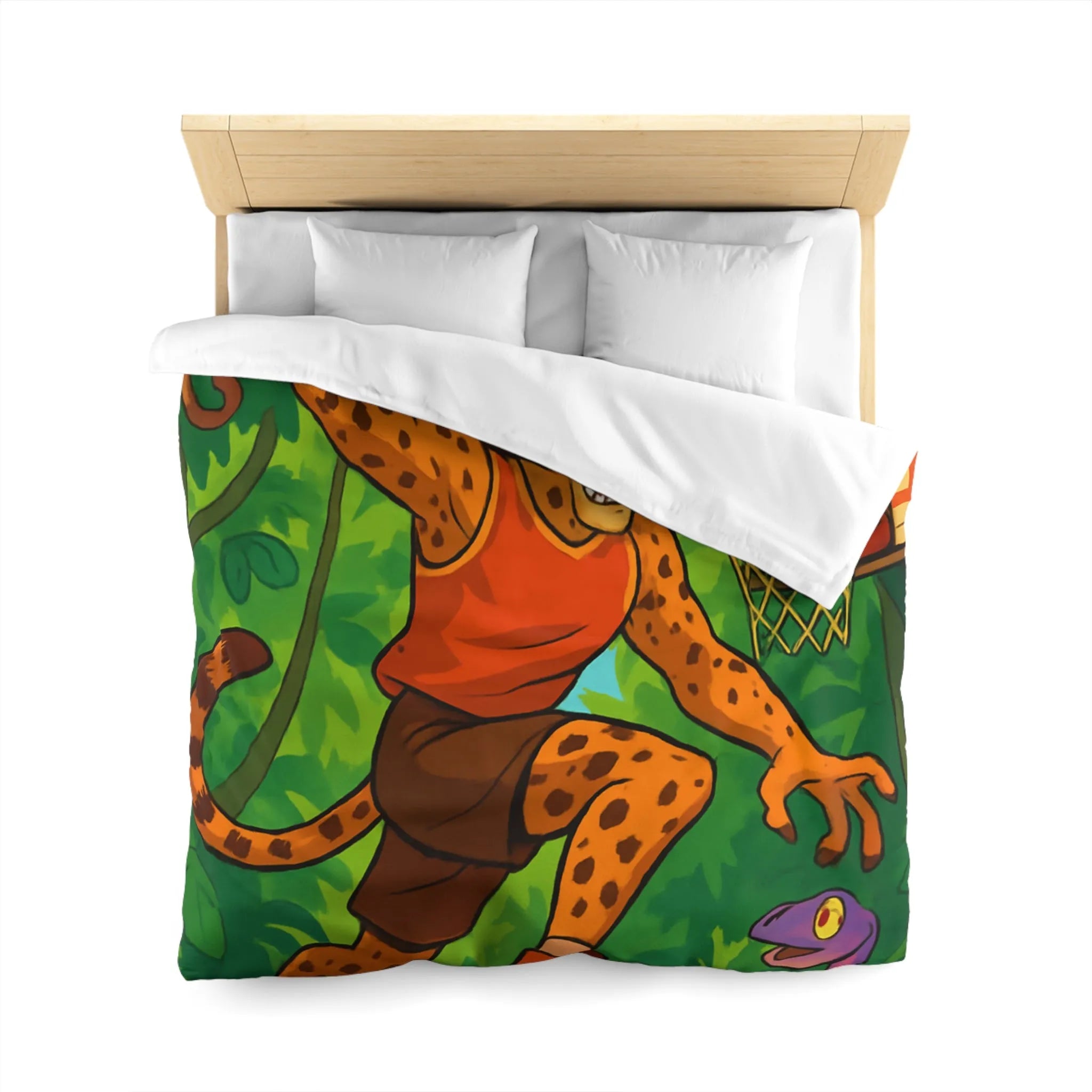 Housse de couette jungle dynamique avec lionceaux jouant au basket dans la forêt