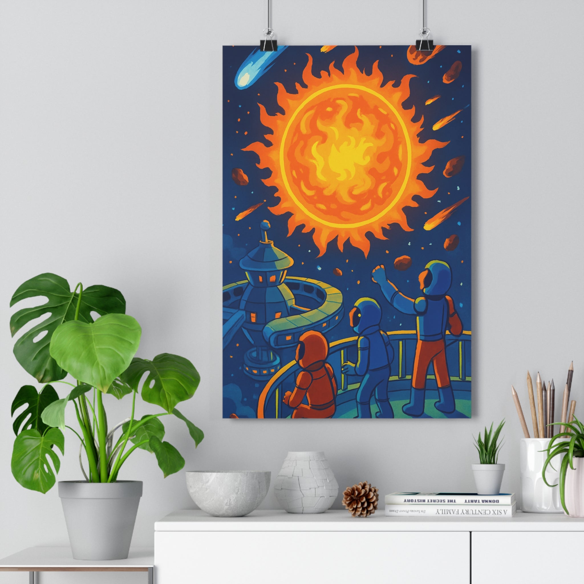 Poster décoratif interstellaire astronaute orange bleu aventure lumineux moderne salon chambre bureau espace qualité