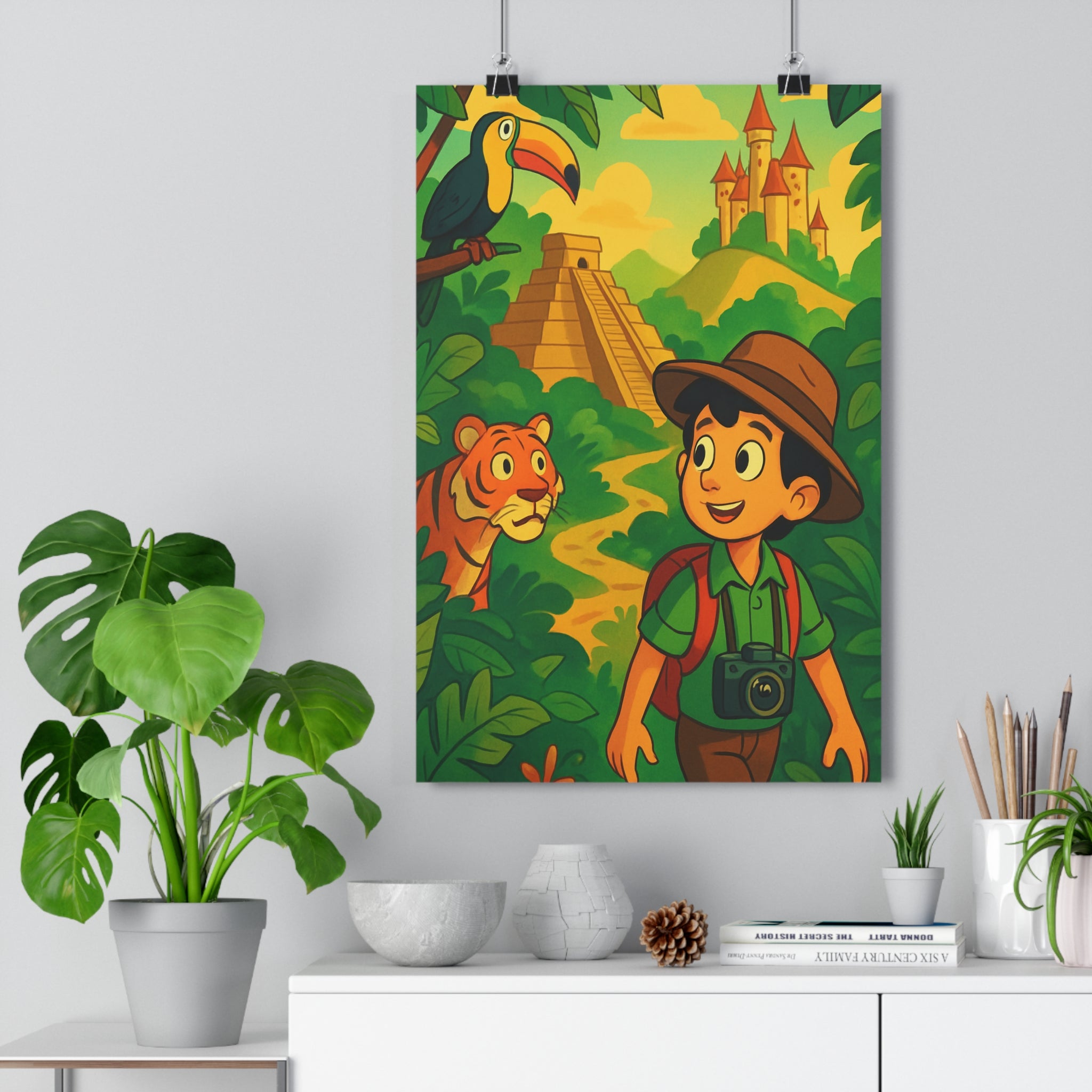 Poster décoratif aventure vibrant jungle enfant chambre explorateur cartoon couleurs vives moderne design créatif