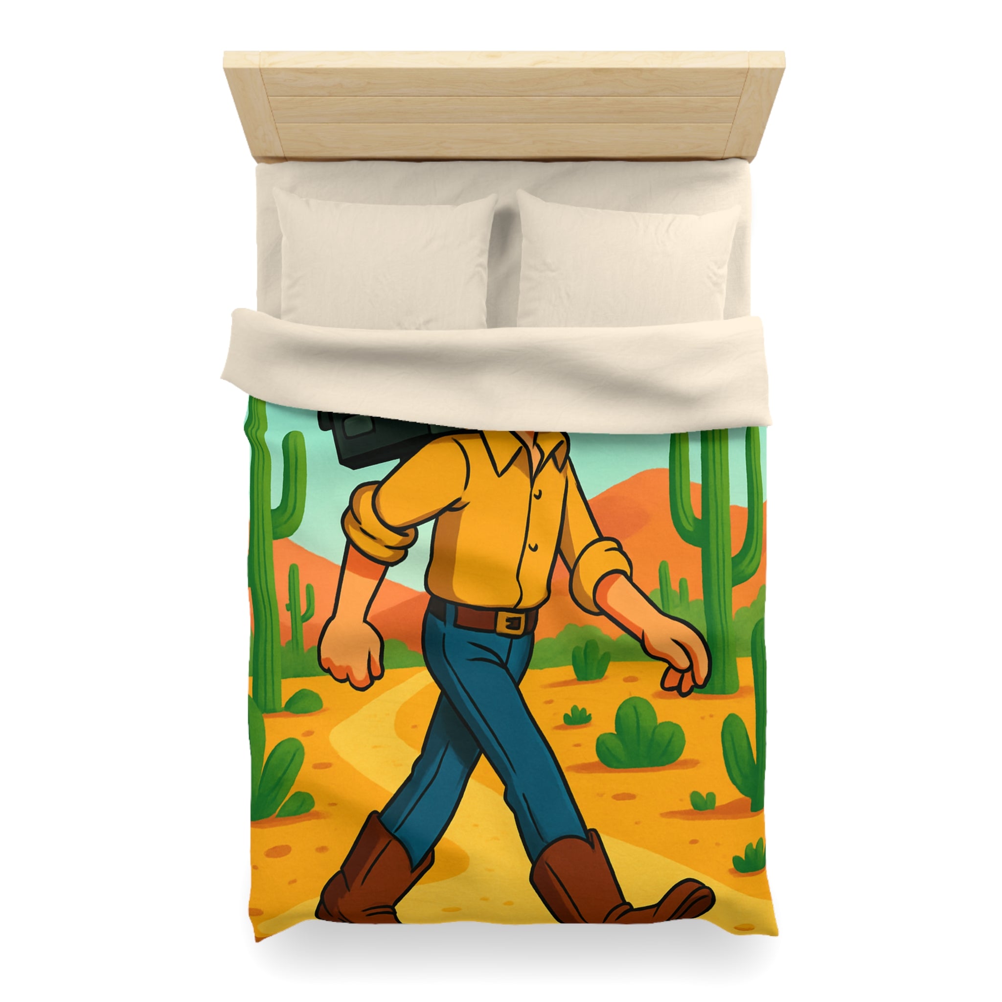 Housse de couette western cowboy dessin animé, désert cactus rétro style vibrant