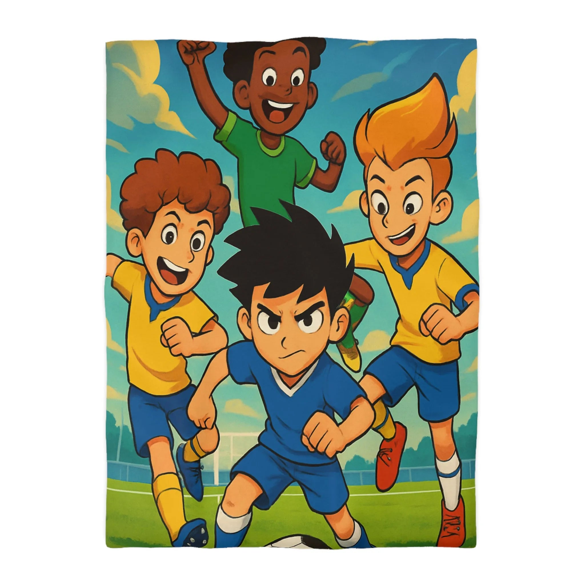 Housse de couette football enthousiaste pour enfants avec joueurs en action et ciel bleu