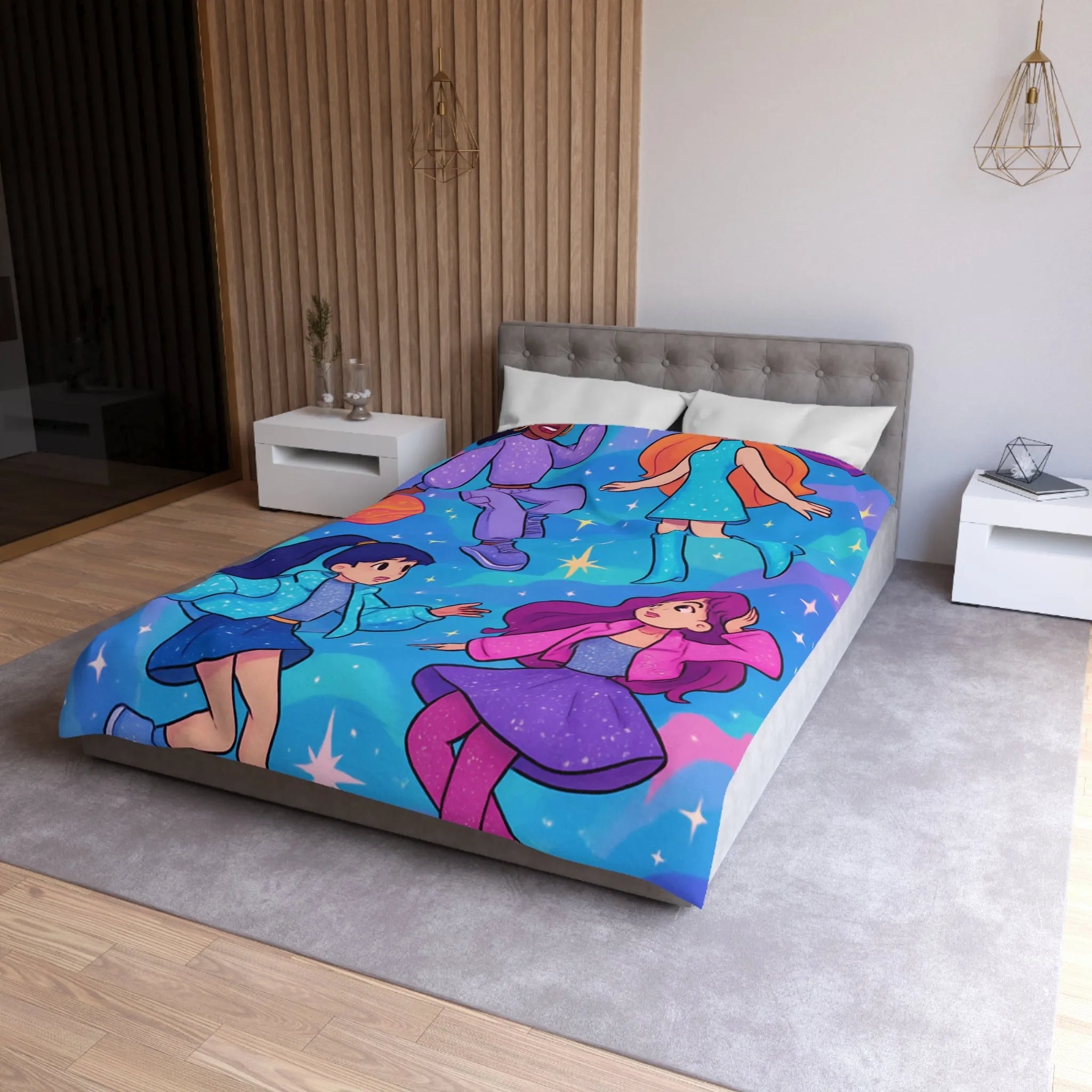 Housse de couette colorée avec filles dans l'espace et étoiles scintillantes joyeuses