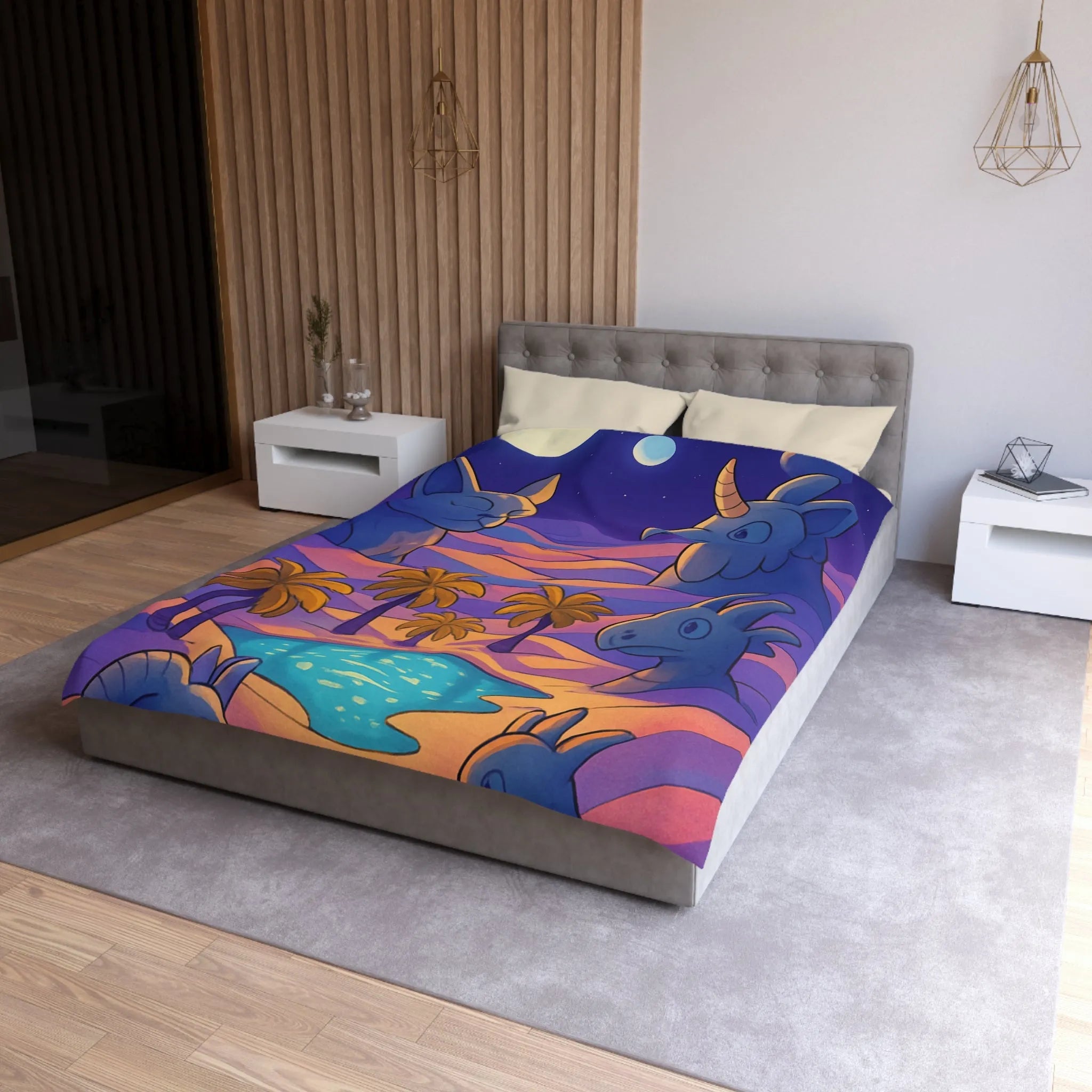 Housse de Couette Fantaisie Animaux Mystiques Sous Lune et Palmiers Étoilés