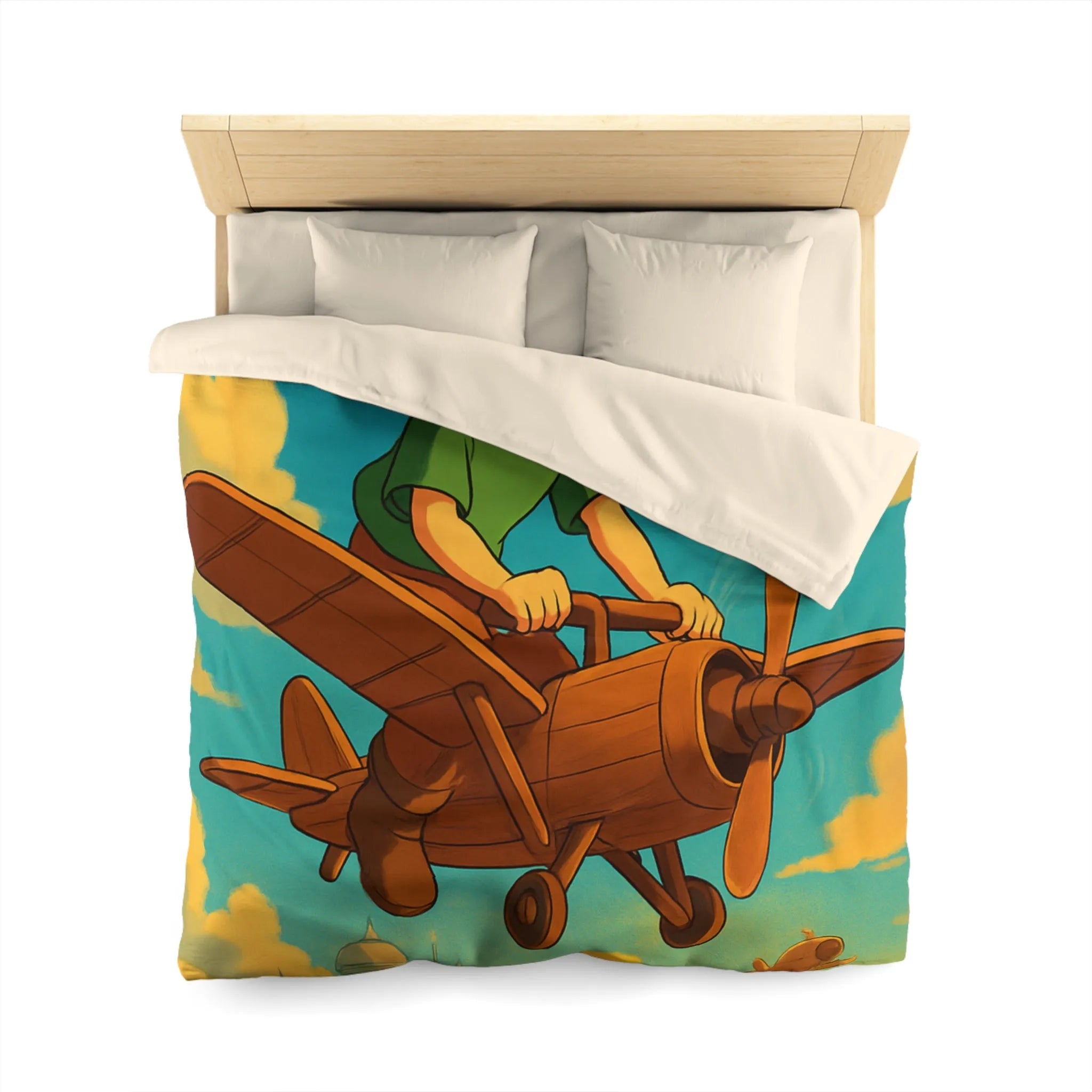 Aventure enfantine avec avion en bois survolant palais nuageux au coucher du soleil