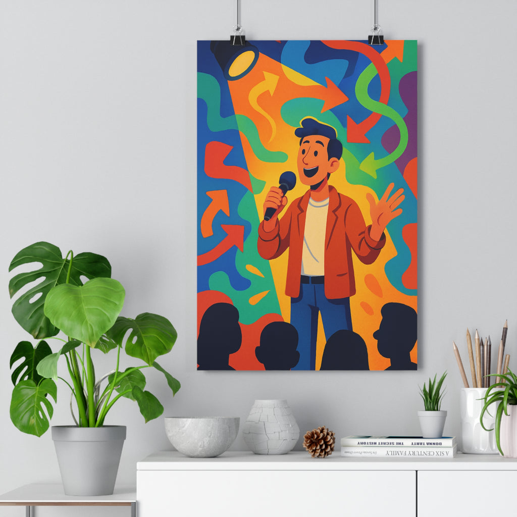 Poster décoratif vibrant scène bleu orange moderne joyeux bureau salon chambre design unique éclatant