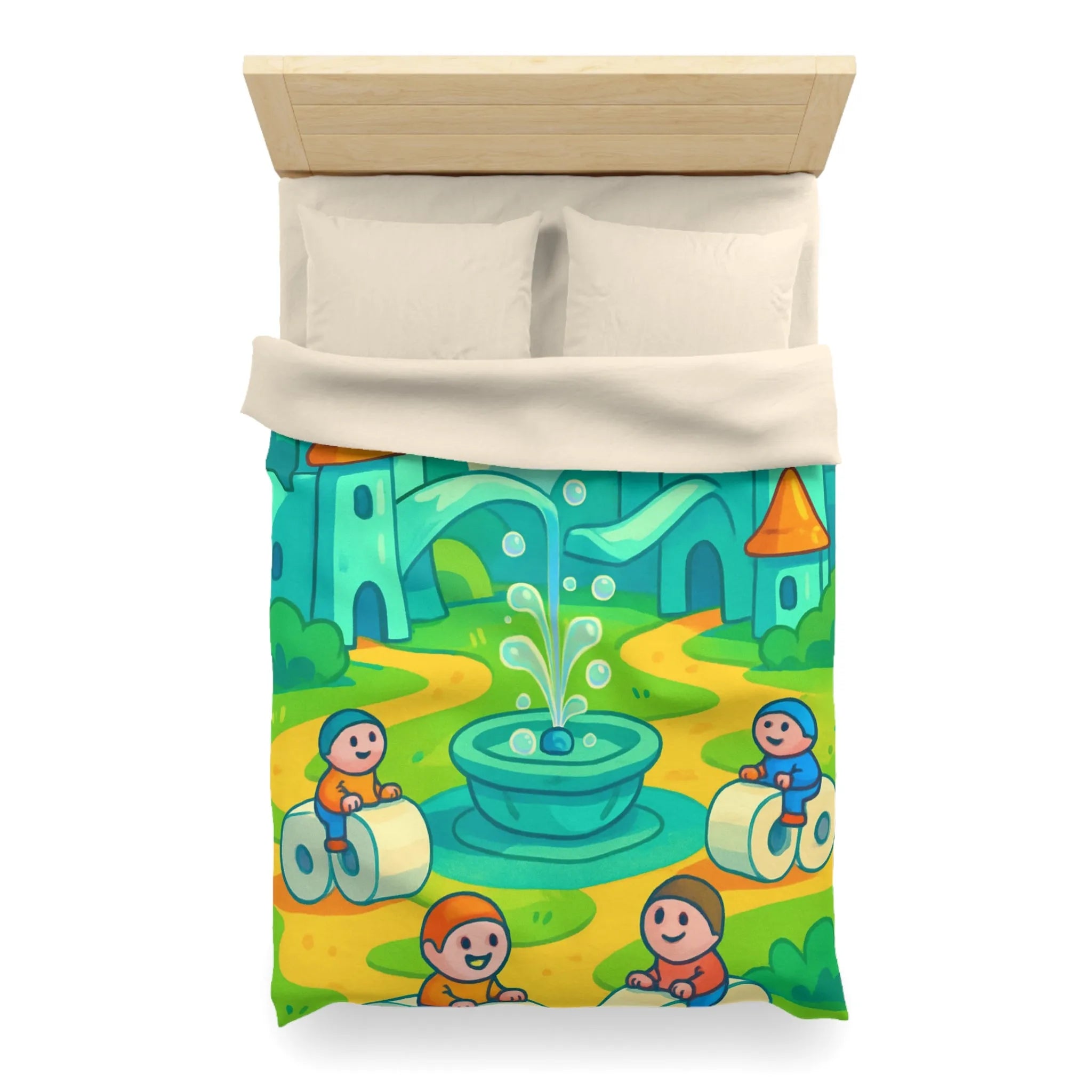 Housse de couette joyeuse avec château et enfants sur routes animées et colorées