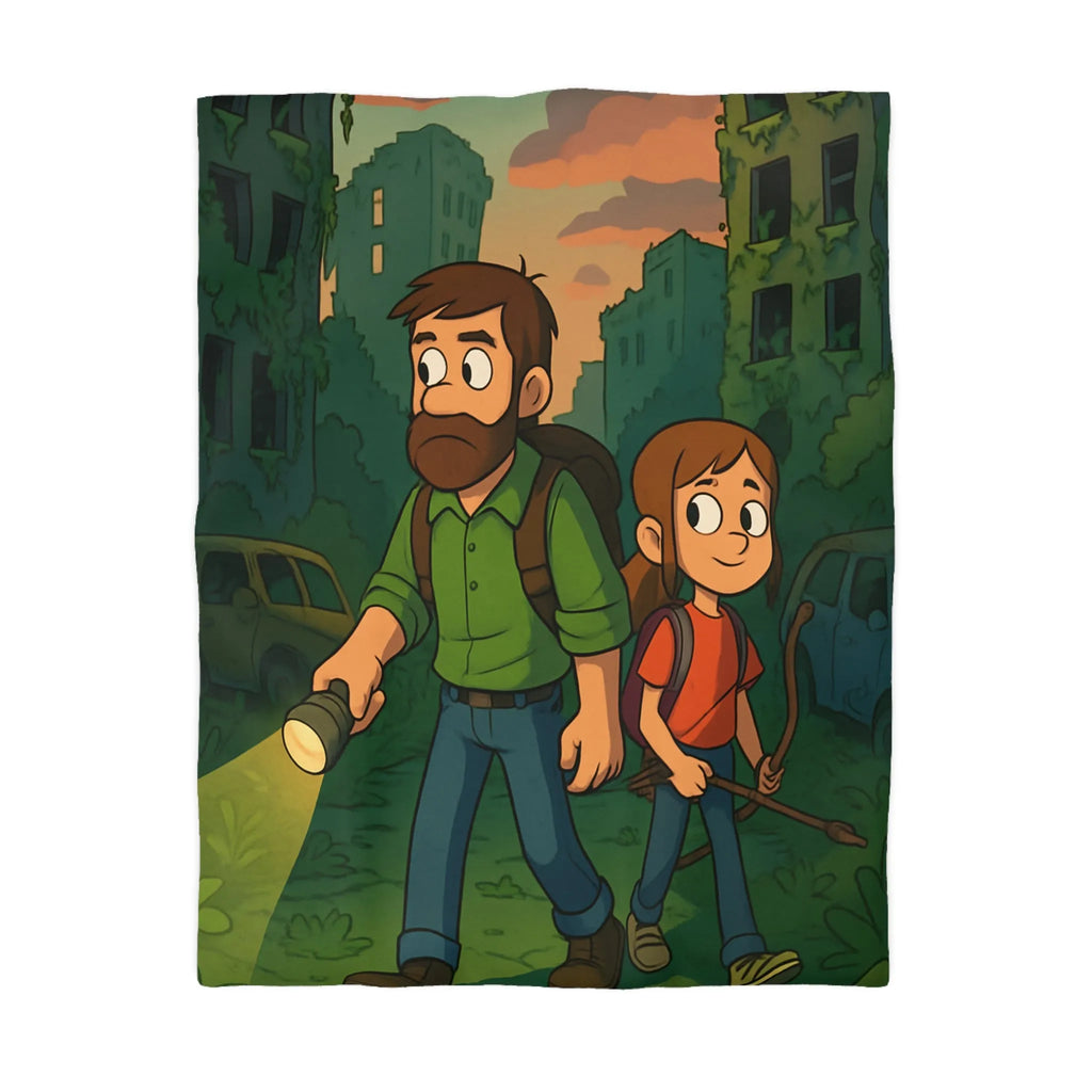 Housse de couette aventure urbaine avec personnages explorant une ville abandonnée la nuit