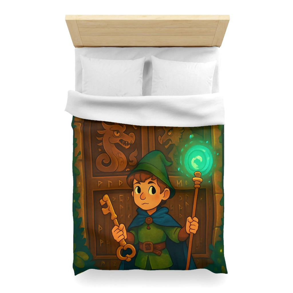 Housse de couette avec illustration enchantée de sorcier devant porte mystérieuse boisée
