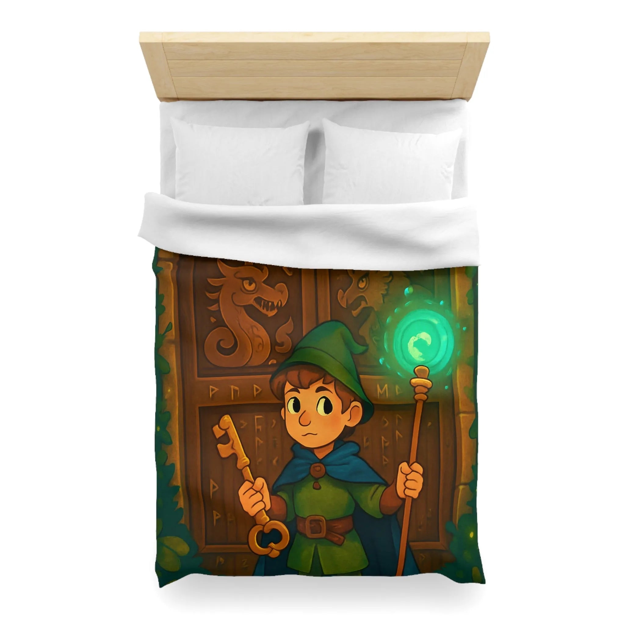Housse de couette avec illustration enchantée de sorcier devant porte mystérieuse boisée