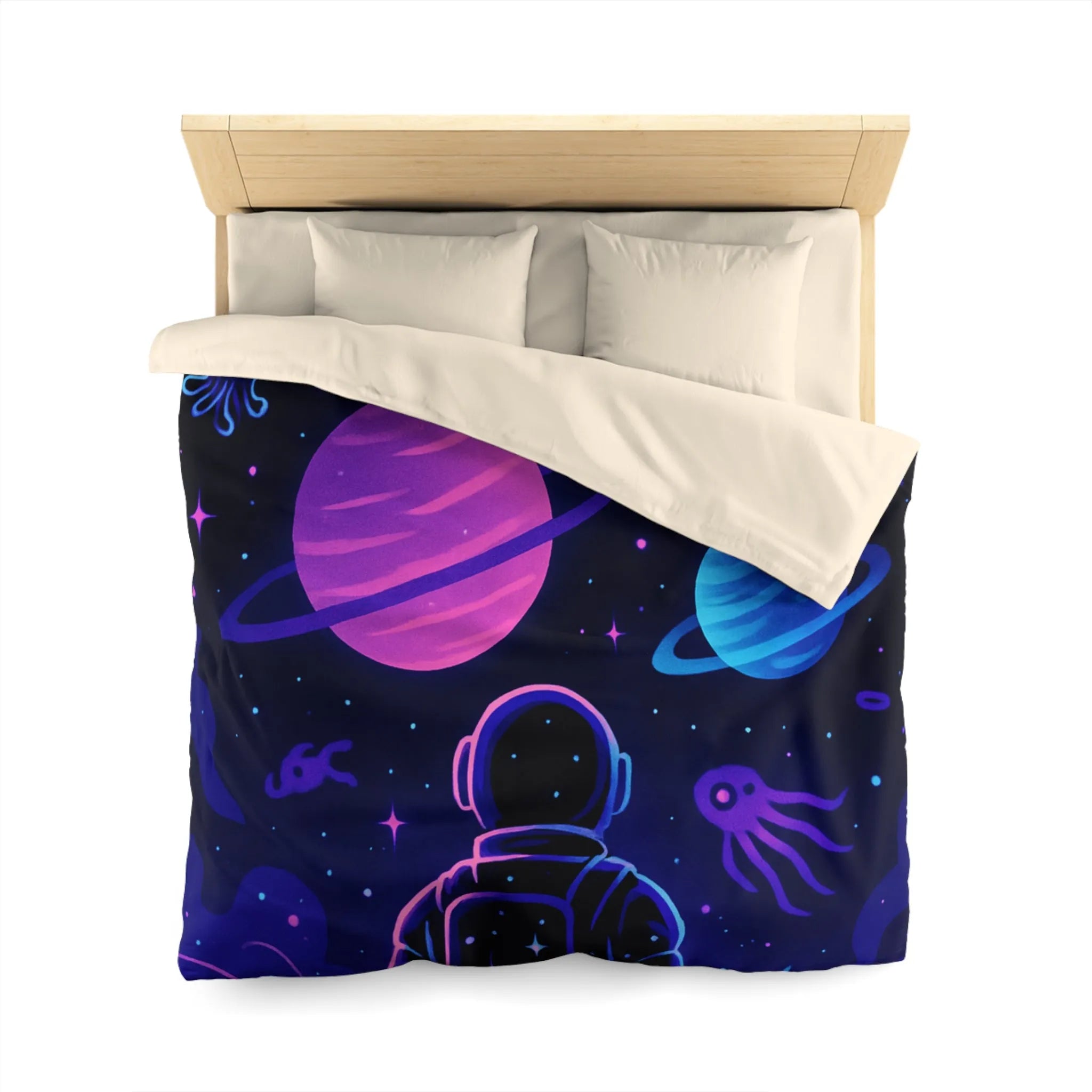Housse de couette cosmique colorée avec astronaute, planètes et motifs galactiques rêveurs