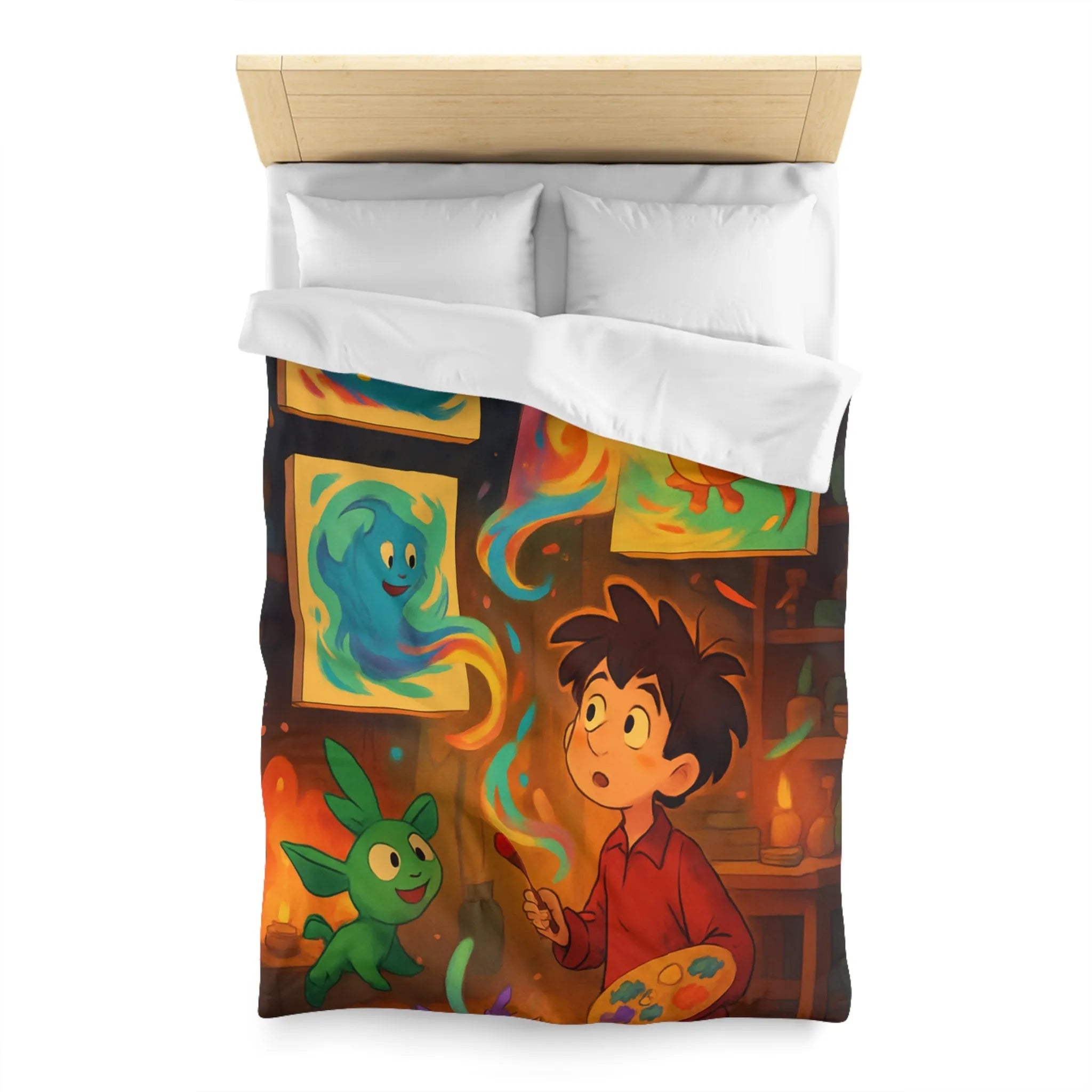 Housse de couette magique illustrant un artiste jeunesse avec créatures fantastiques et peintures lumineuses