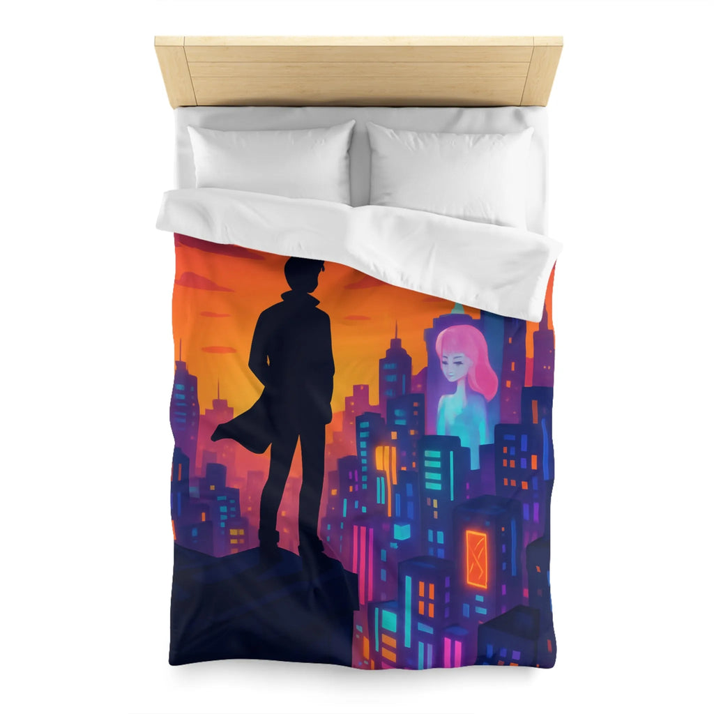 Housse de couette futuriste avec silhouette urbaine et couleurs vibrantes pour chambre moderne