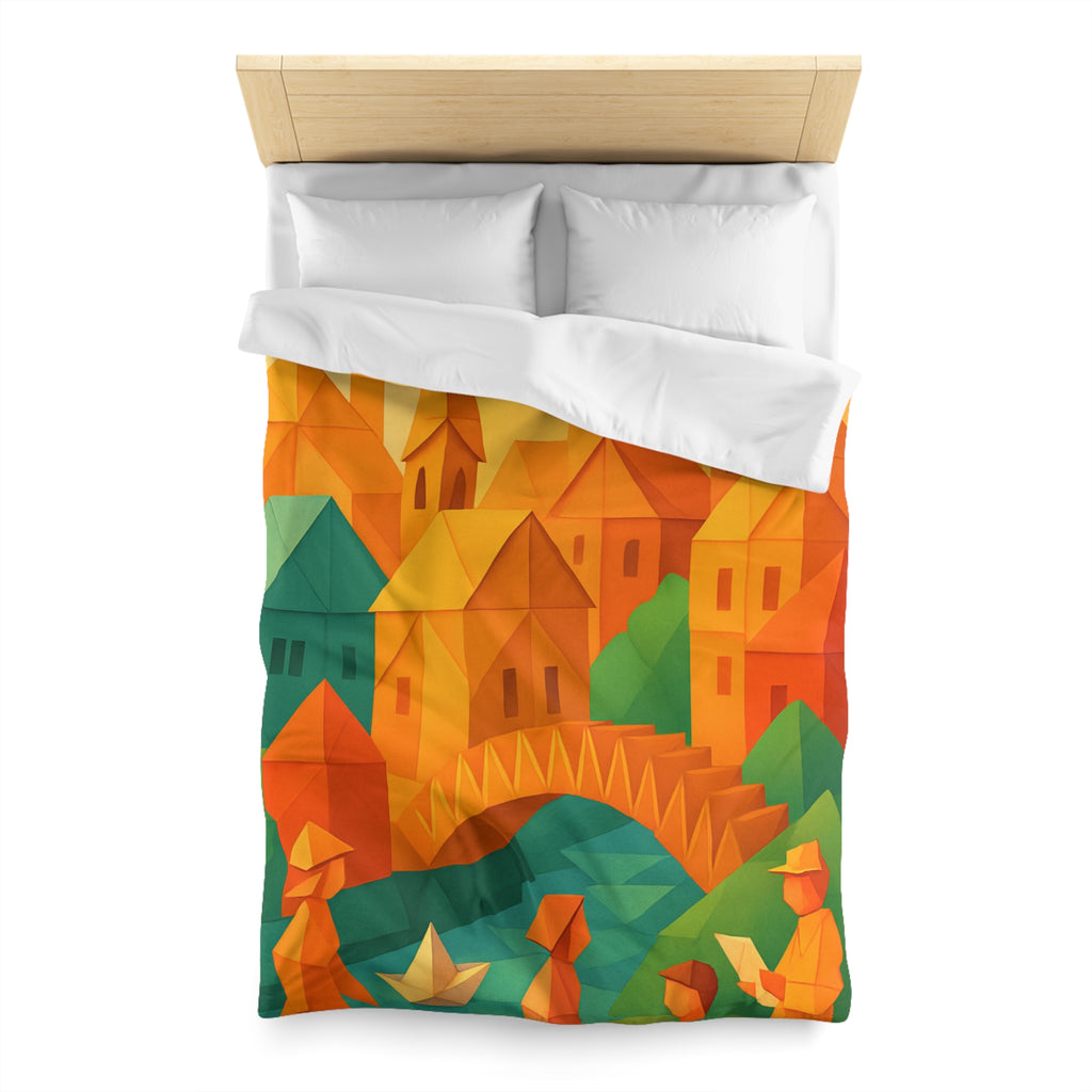 Housse de couette motif origami coloré avec paysage urbain et silhouettes humaines