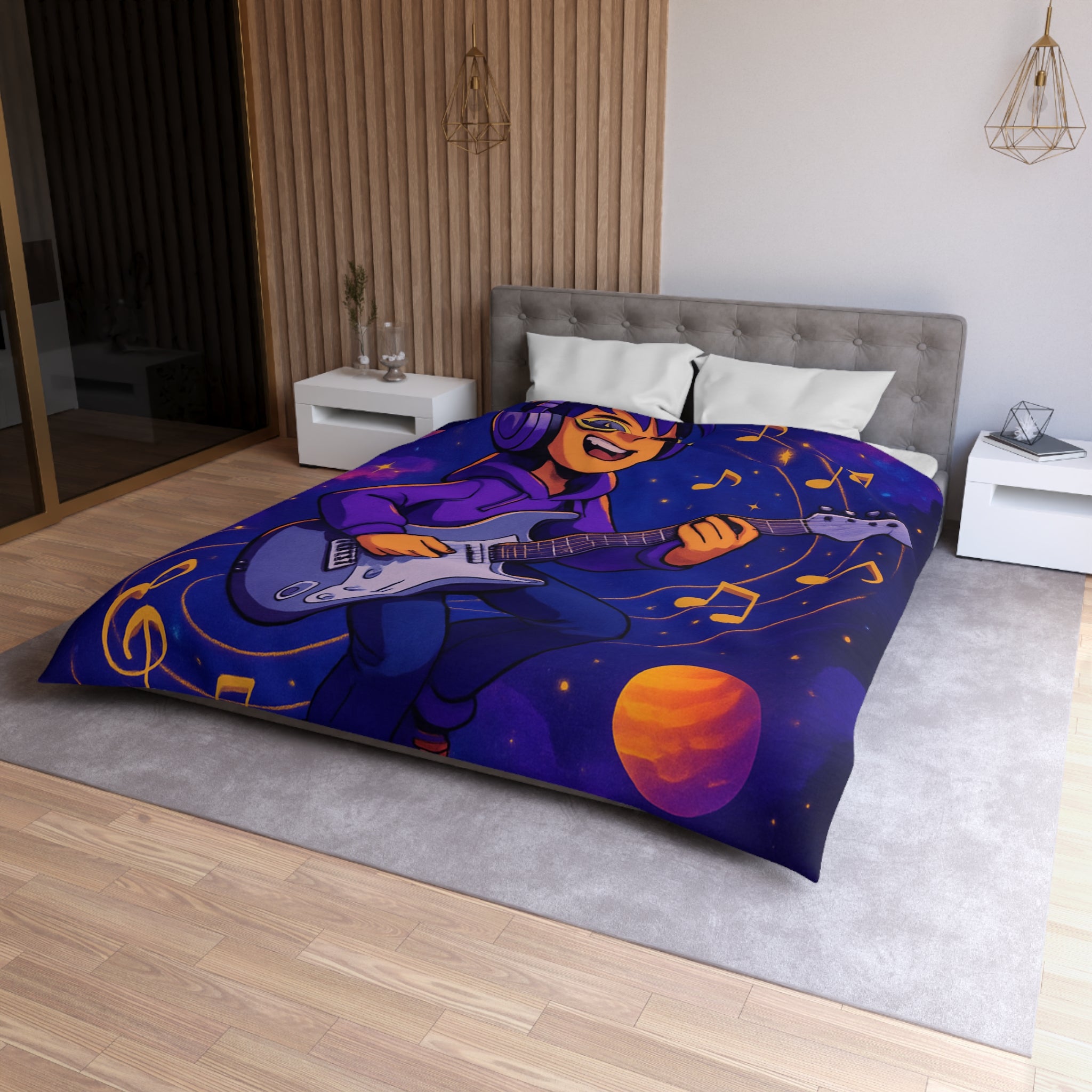 Housse de couette musicale avec planète, guitare et ciel cosmique coloré, ambiance rêveuse