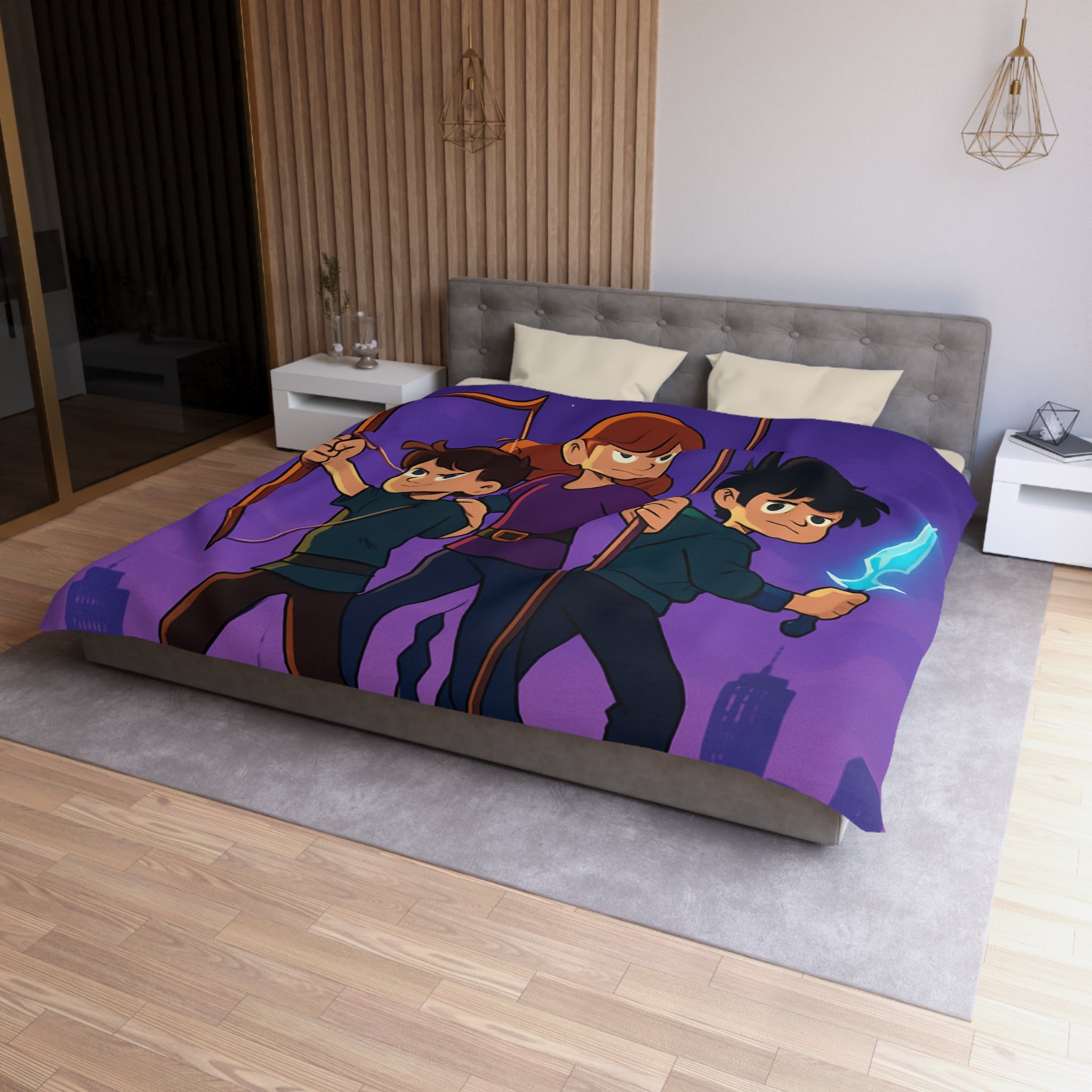 Housse de couette urbaine illustrée, ambiance aventure mystique avec enfants et armes