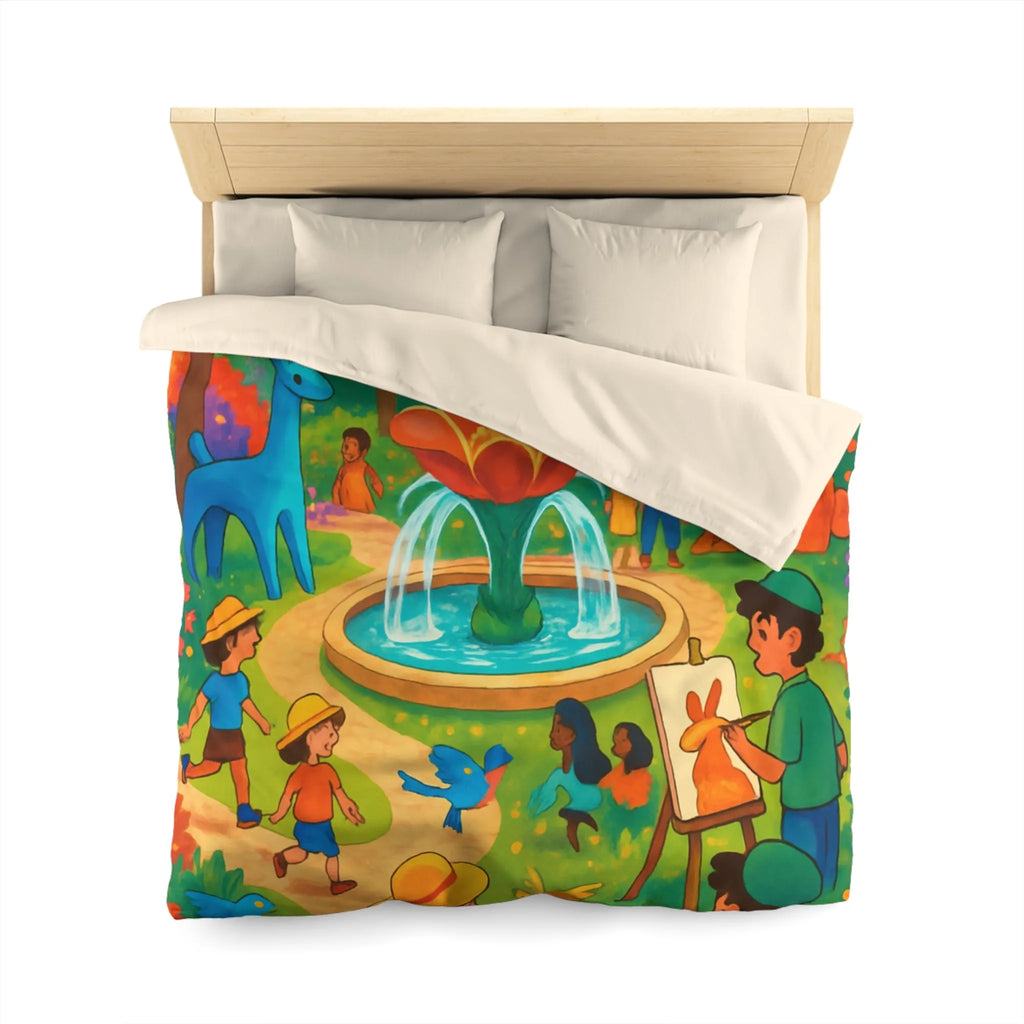 Housse de couette colorée avec animaux fantastiques, enfants et fontaine au parc artistique