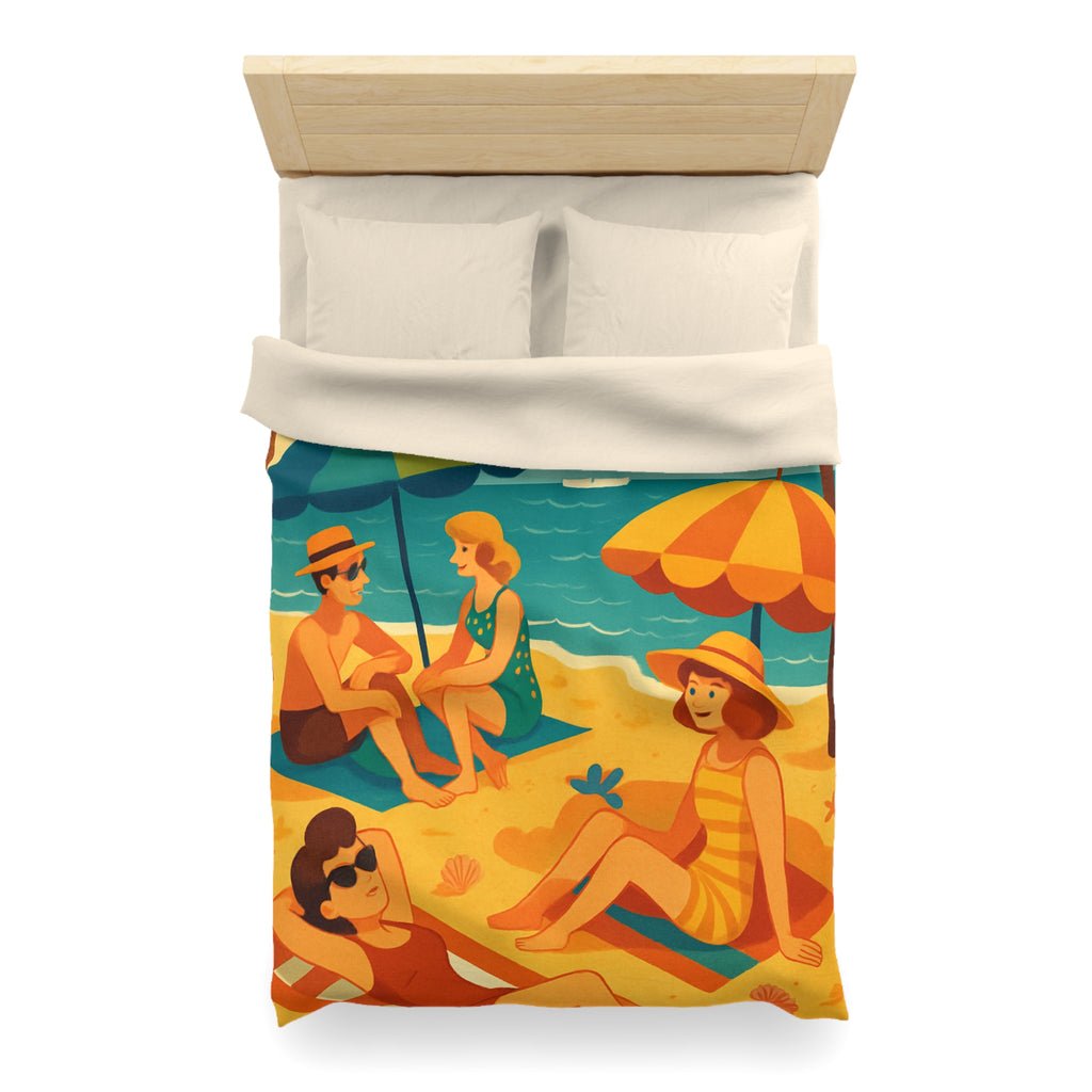 Housse de couette rétro plage colorée avec palmiers, parasols et amis au soleil